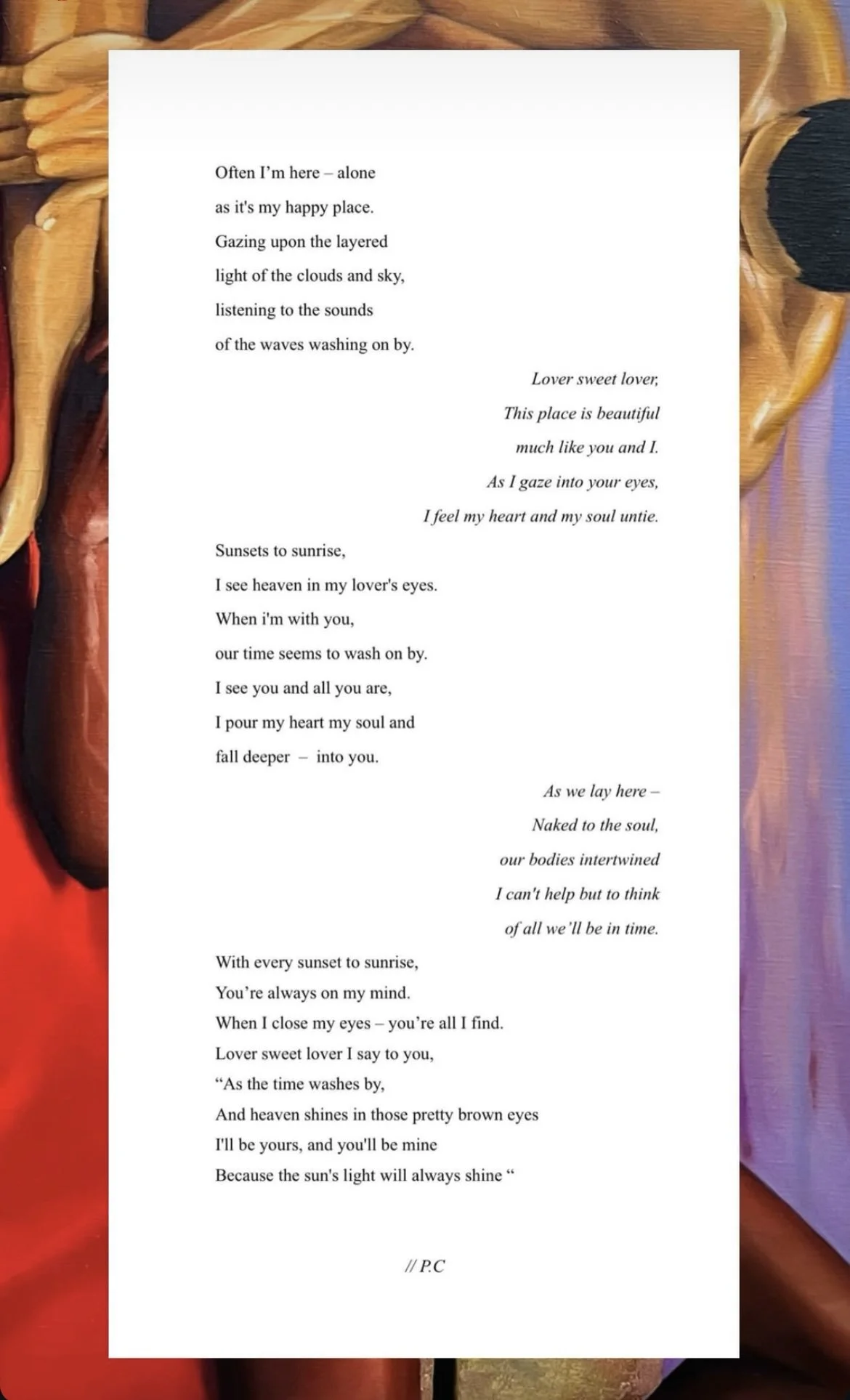 A poem printed on a white sheet of paper, overlaying a multicolored background with shades of orange, purple, and black. "Lover sweet Lover"