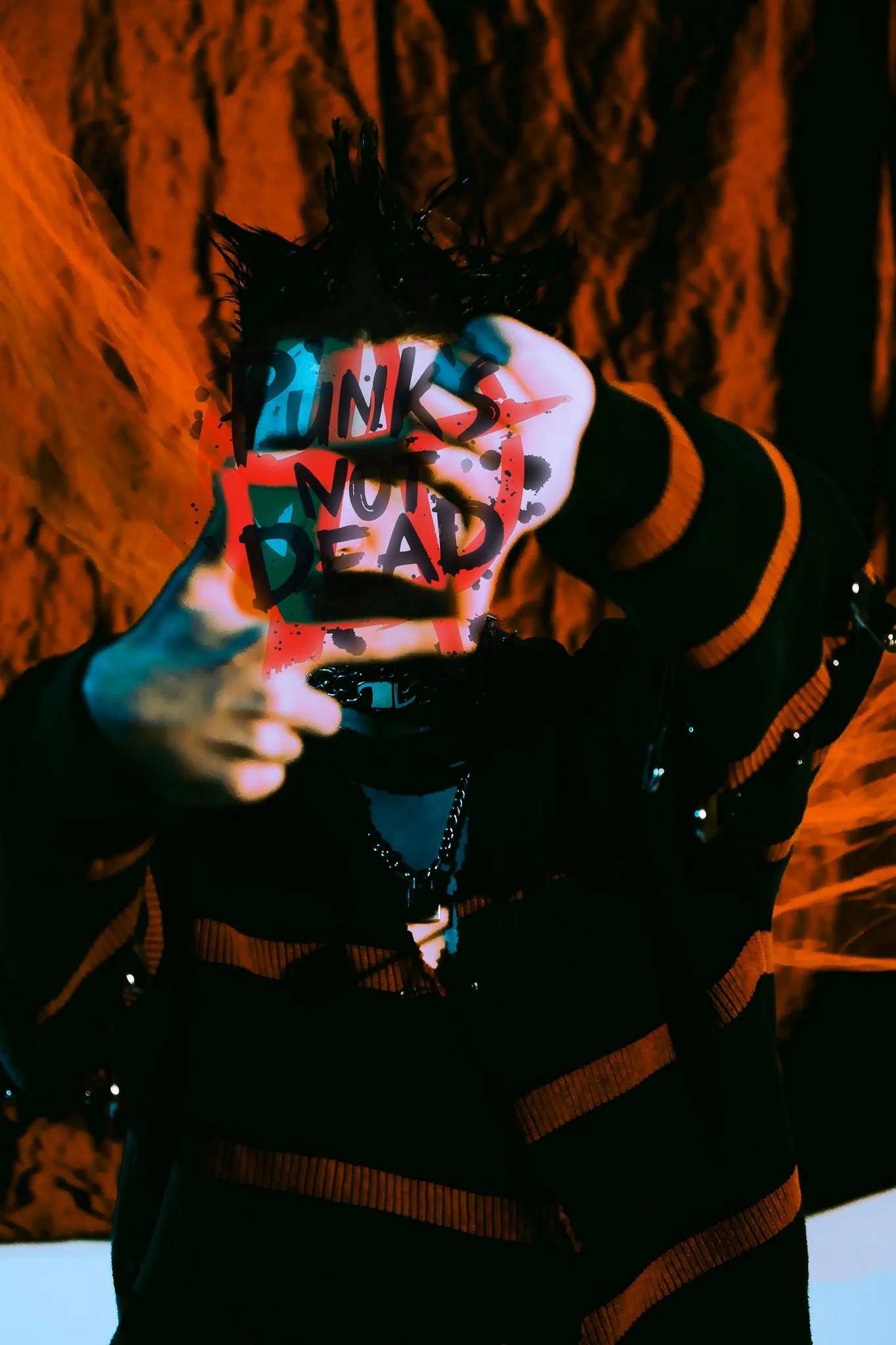 A person holding a sign that says "Punks Not Dead" with a graffiti-style background.