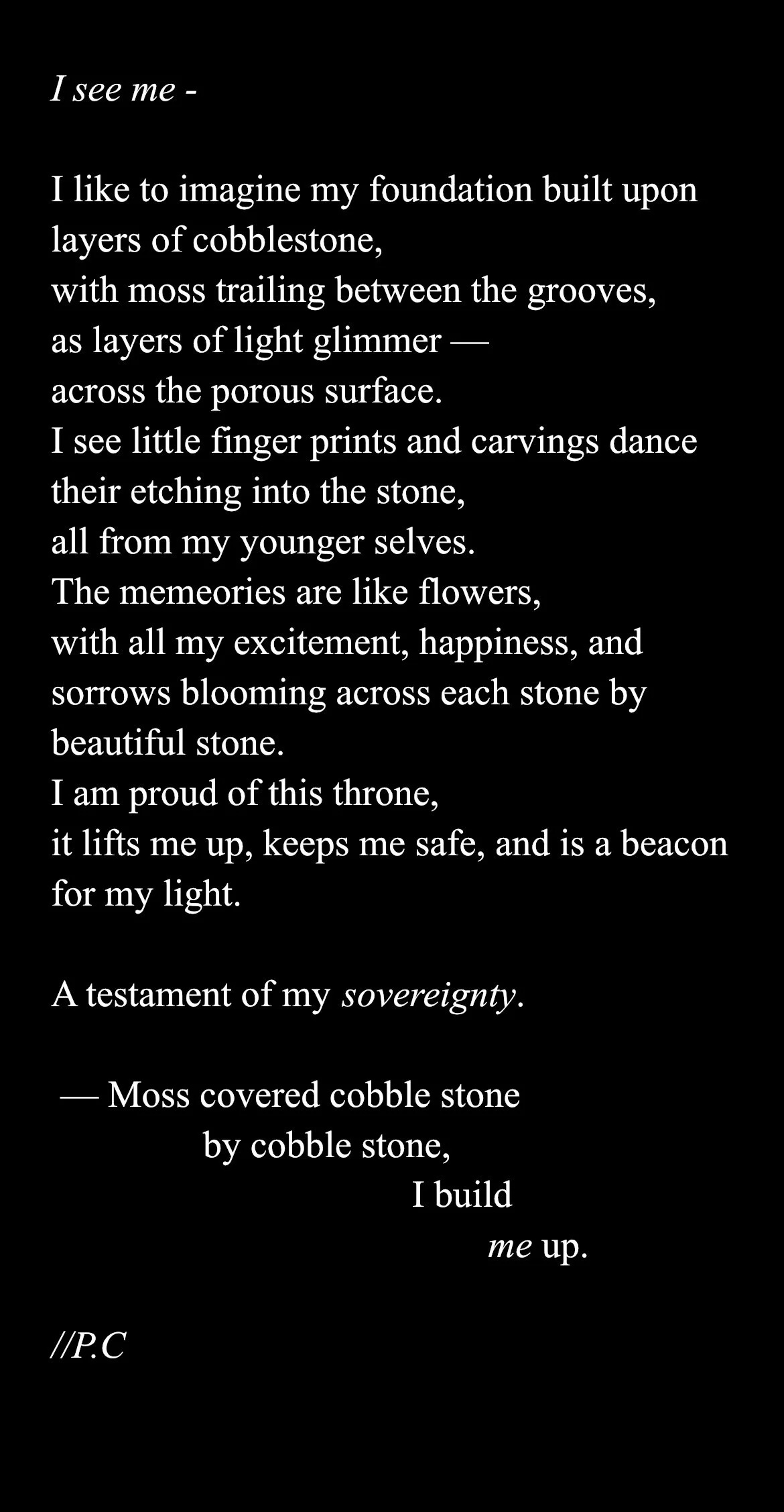 A black background with white text of a poetic excerpt, emphasizing words like "see me" and "sovereignty."