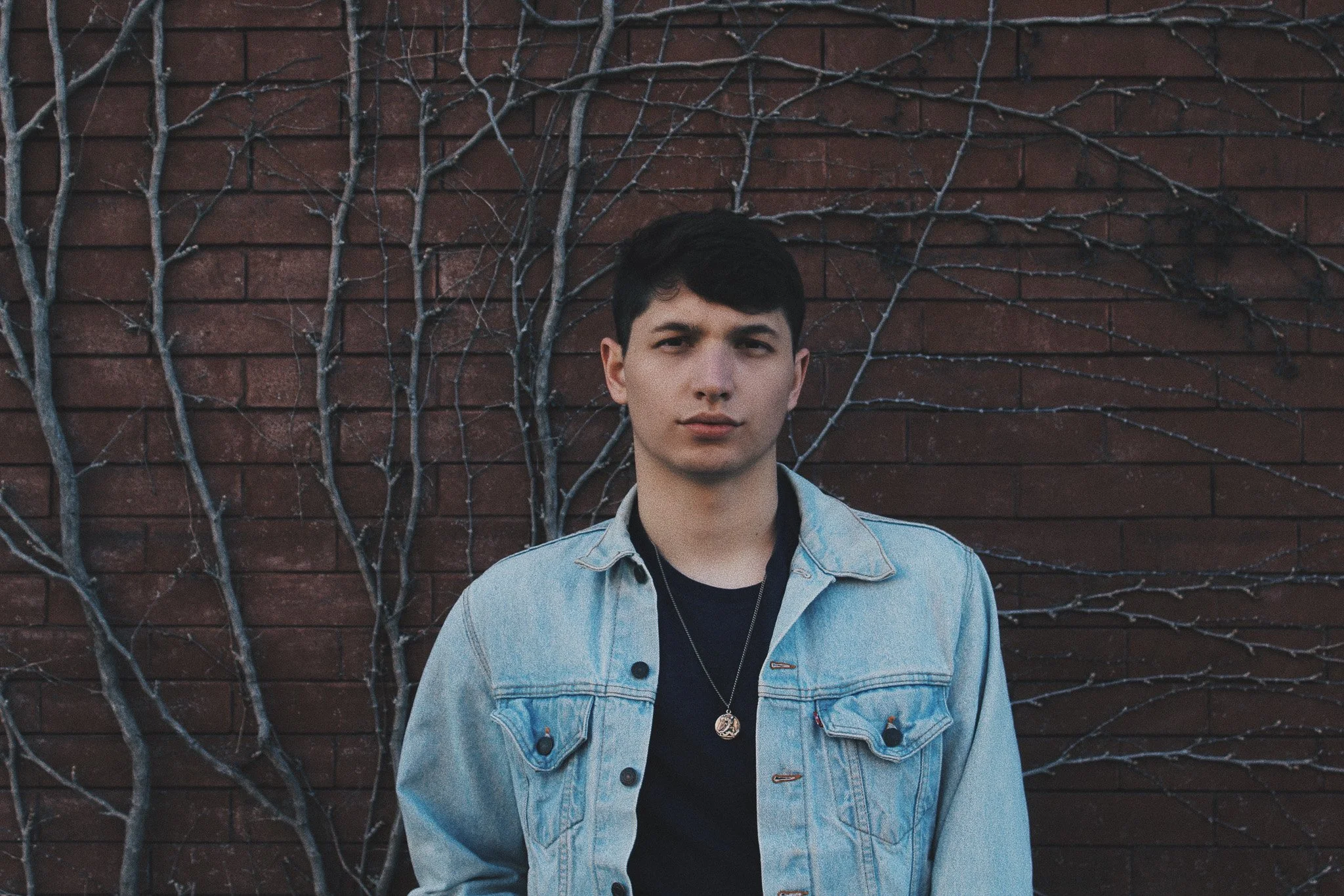 A young man with black hair, wearing a denim jacket over a black shirt, stands in front of a brick wall with leafless vines growing on it. He has a neutral expression and is wearing a pendant necklace.