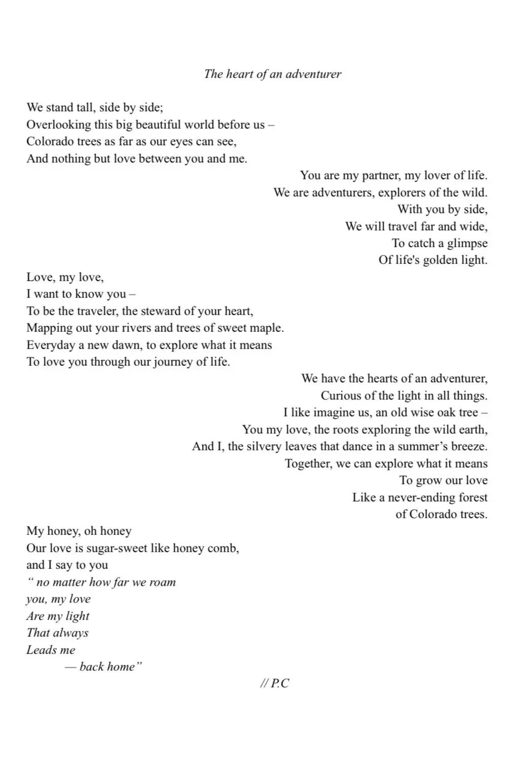 A poem titled 'The heart of an adventurer' about love, exploration, and Colorado trees, written in black text on a white background.