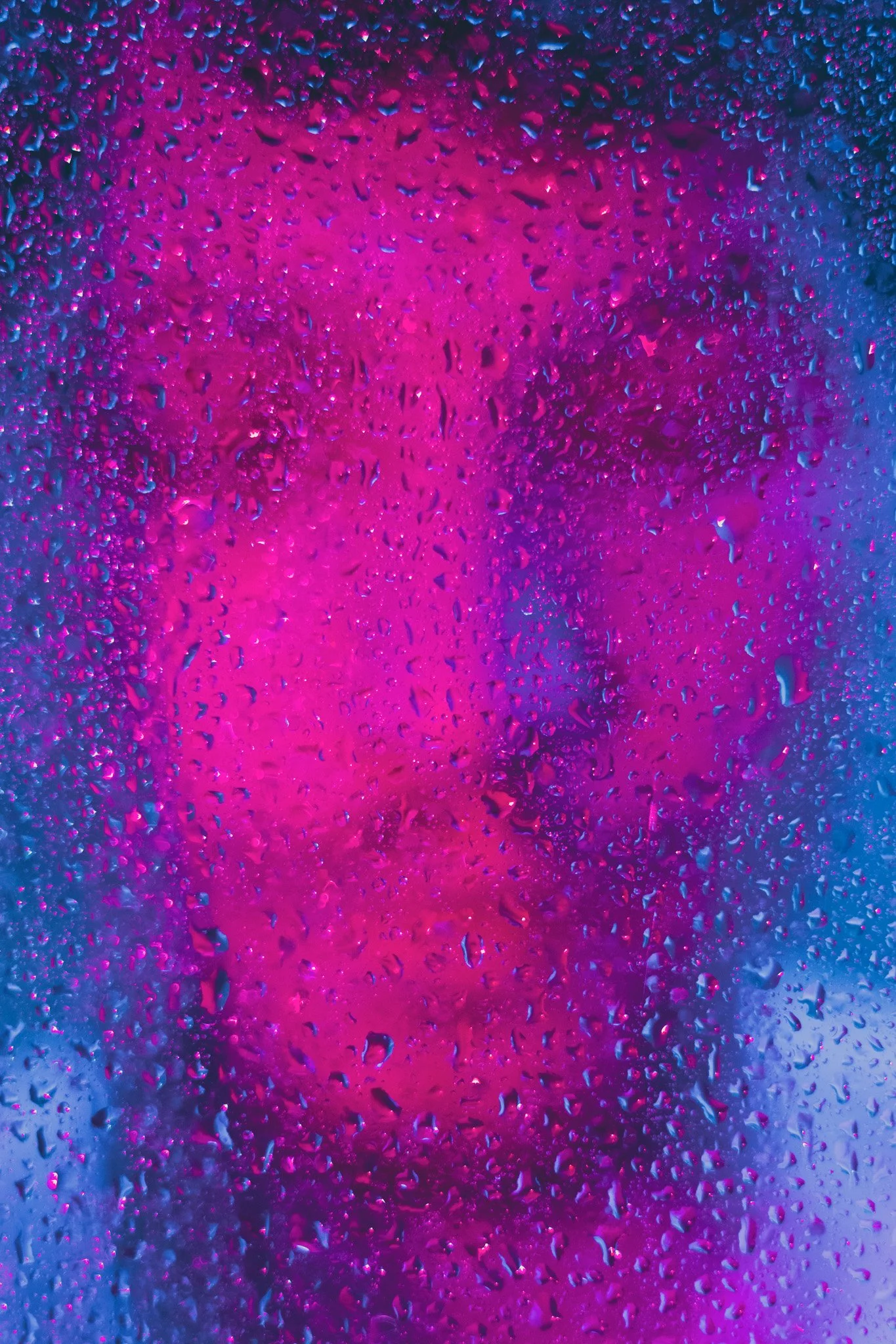 Colorful neon lights with water droplets on a glass surface, primarily in shades of pink, purple, and blue.