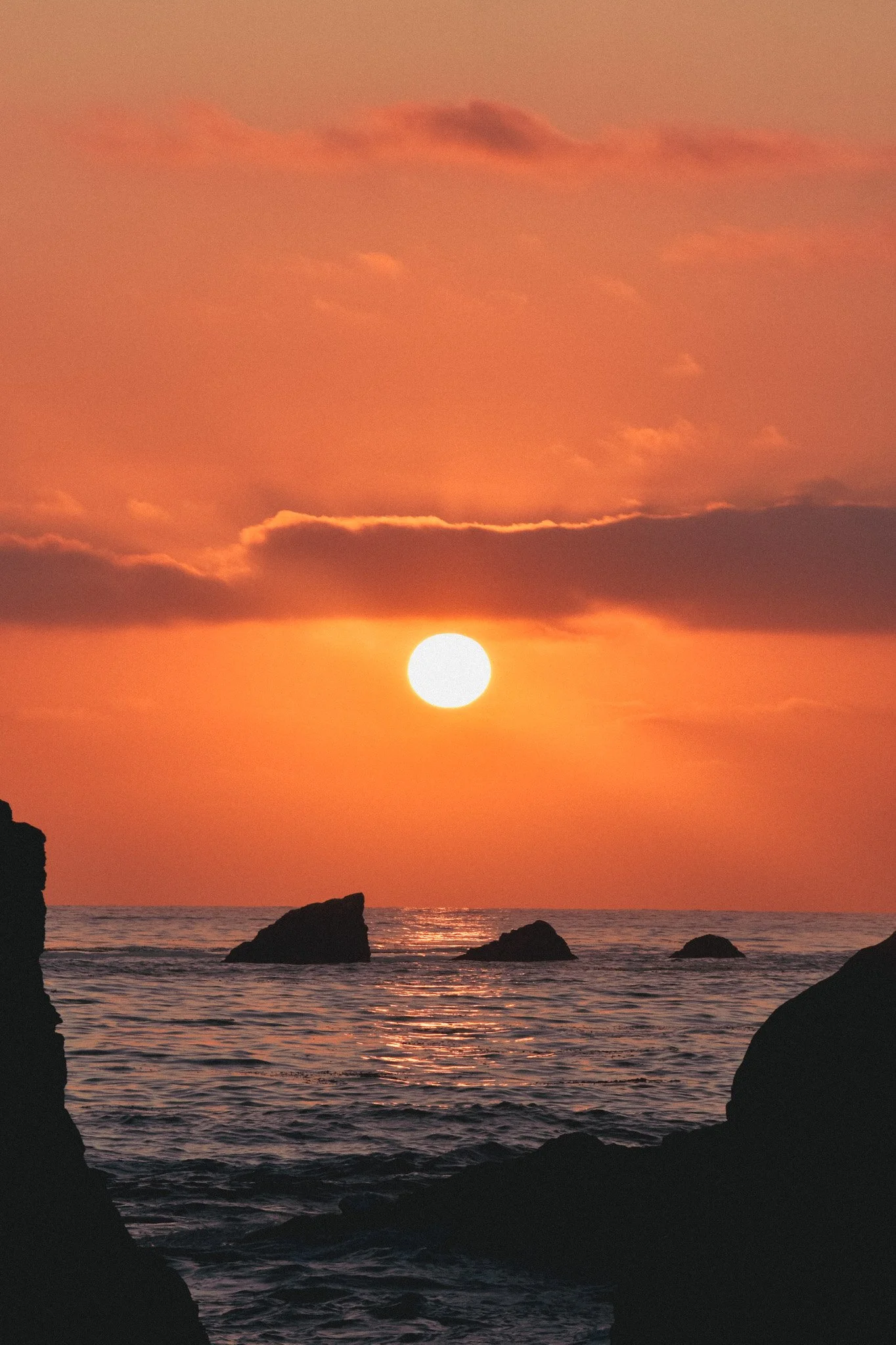 Sunset over the ocean with a large orange sun near the horizon, dark rocks in the foreground, and clouds in the sky.