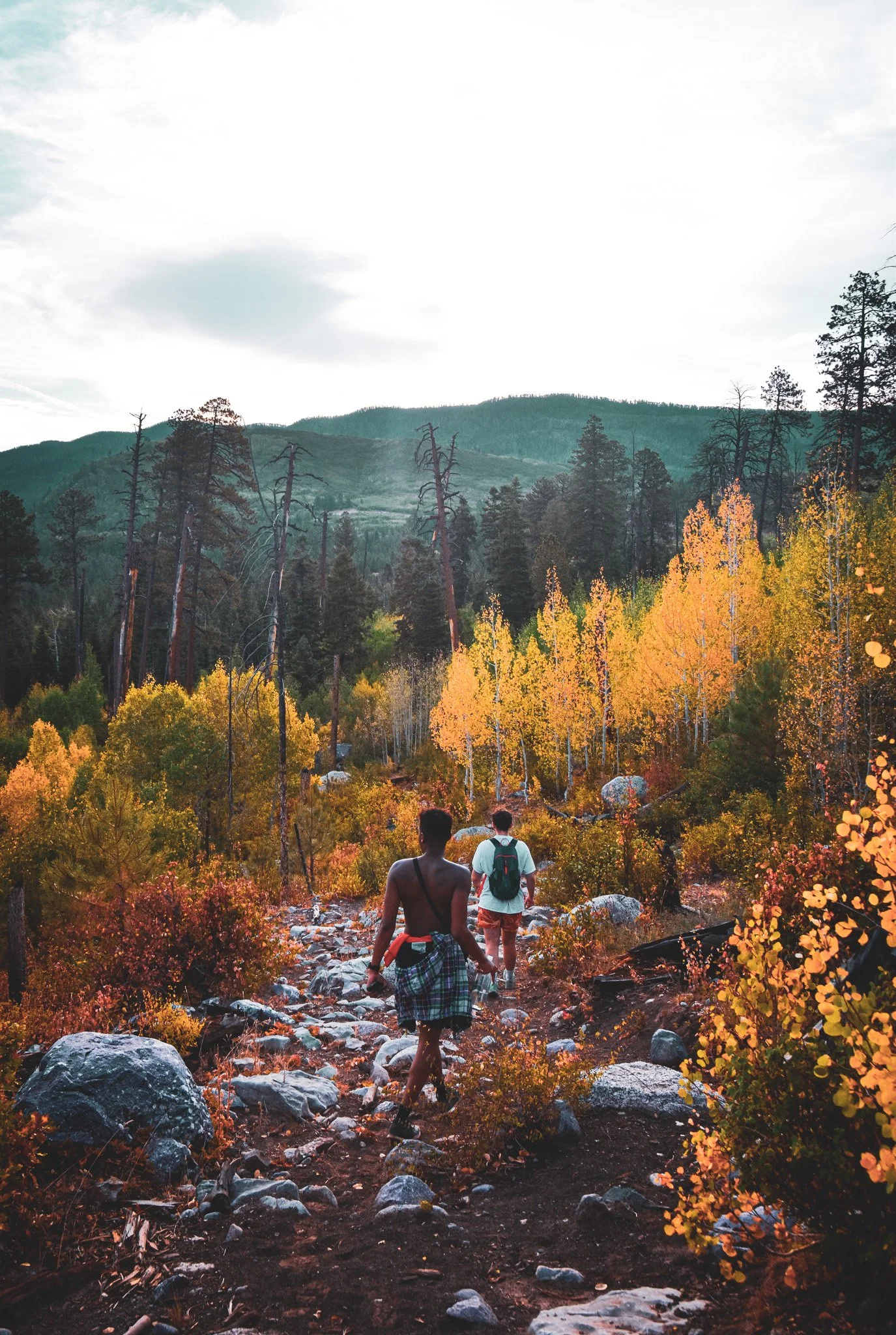 Two people hiking on a rocky trail through a forest with autumn-colored trees, mountains in the background, and a cloudy sky.