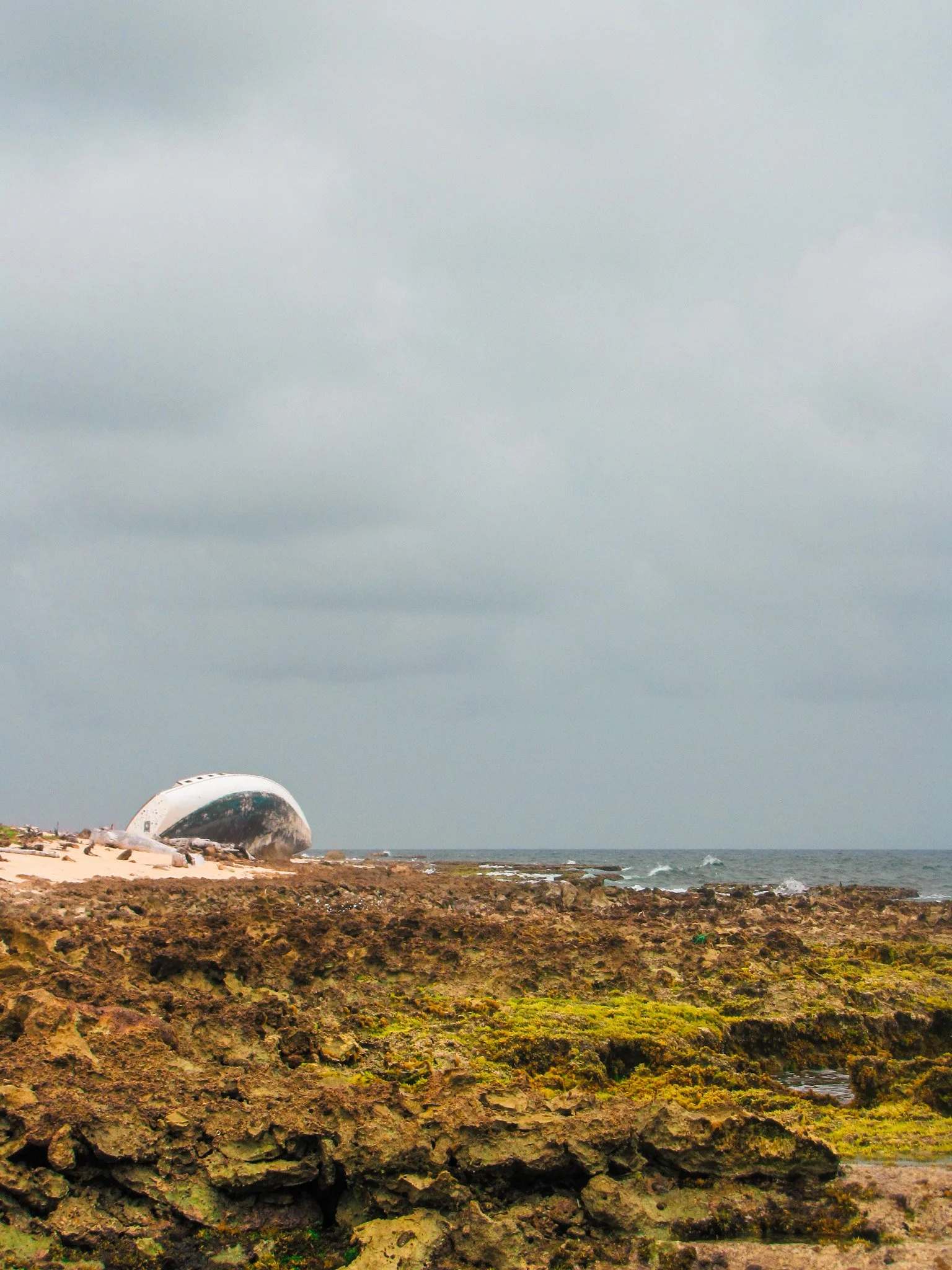 A rocky shoreline with green moss and algae, a wrecked boat on the sand, and the ocean with waves under a cloudy sky in the background.