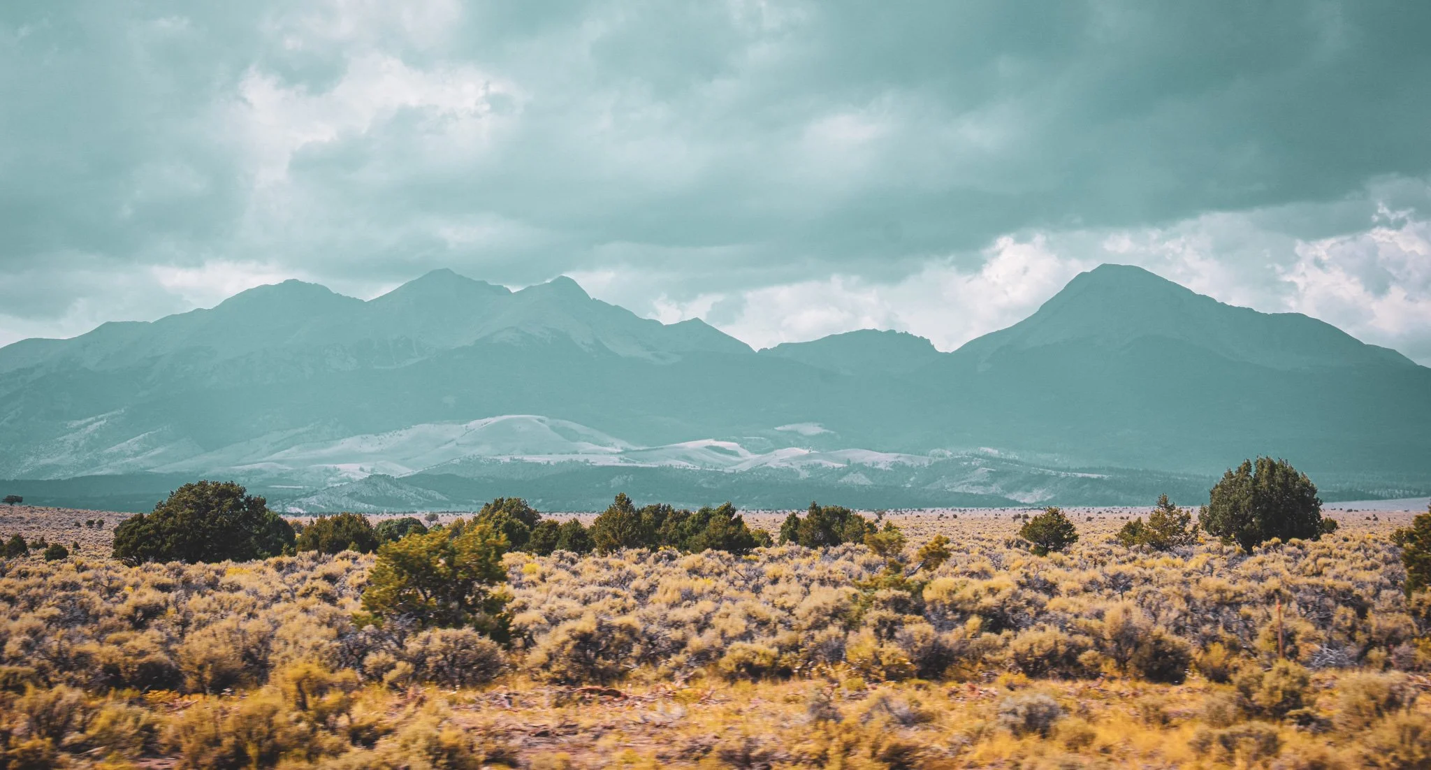 A landscape featuring a range of mountains with cloudy skies overhead, a dry plain with sparse bushes and small trees in the foreground.