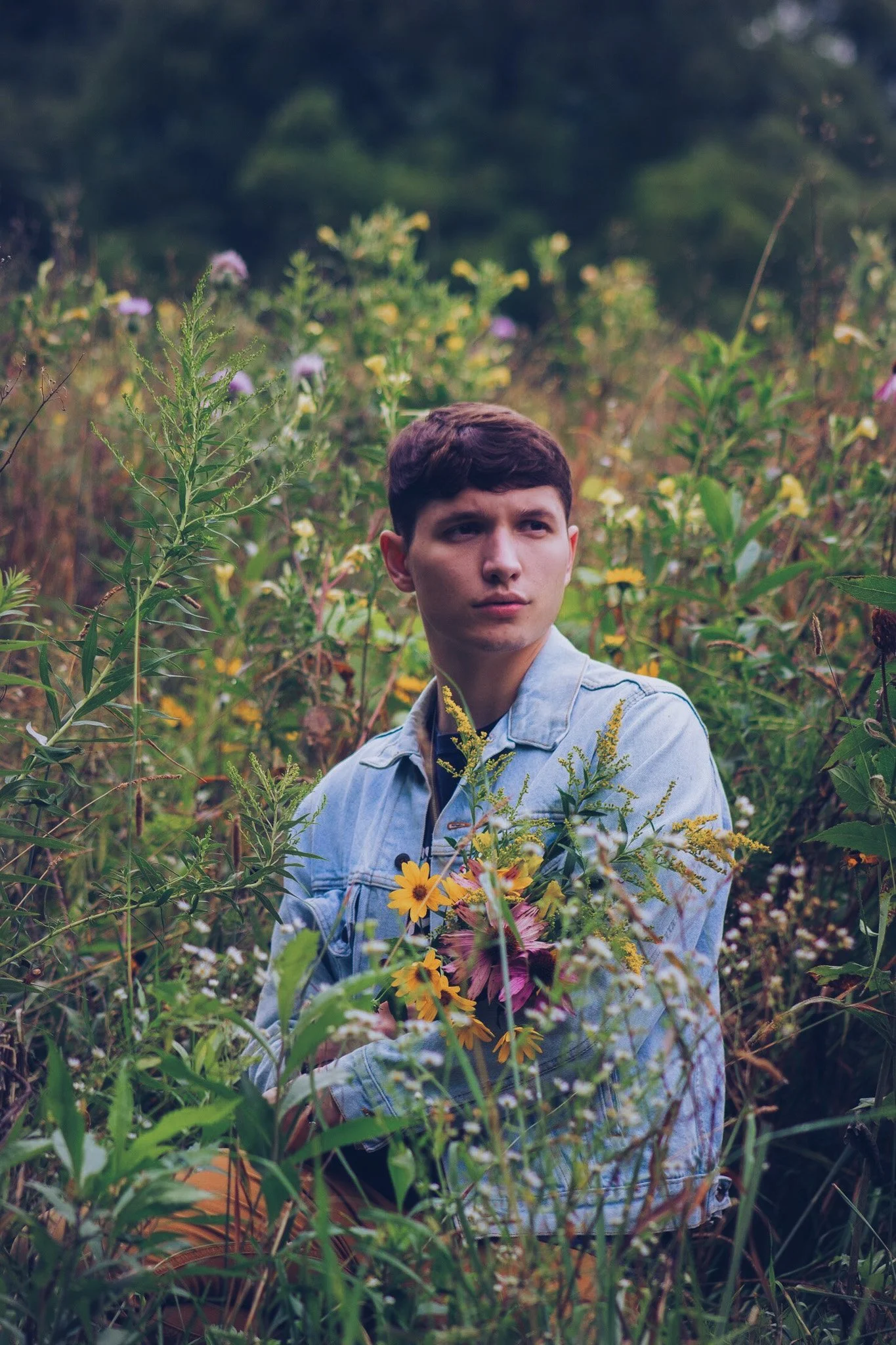 A young man with short brown hair and light skin stands amidst wildflowers and tall grass in a lush green field, wearing a light denim jacket and looking off into the distance.