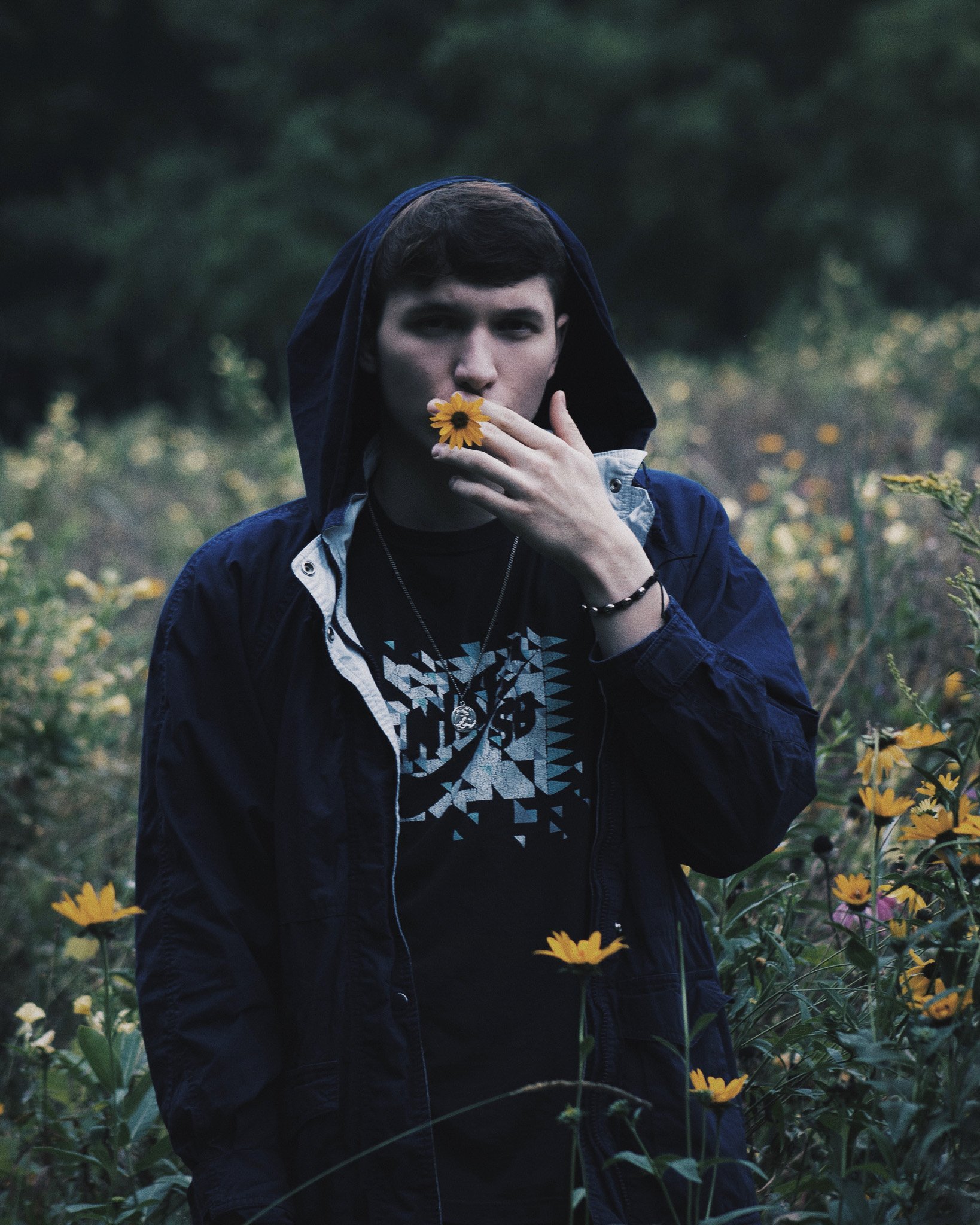 A young man with short dark hair holds a yellow flower near his lips, standing among yellow flowers in a natural outdoor setting with dark green foliage in the background.