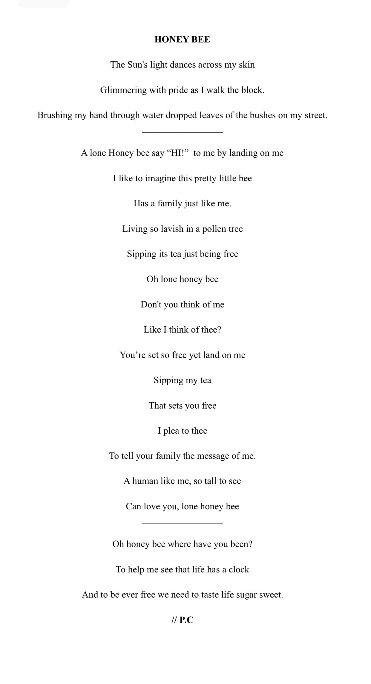 A poem titled 'Honey Bee' written in black text on a white background.