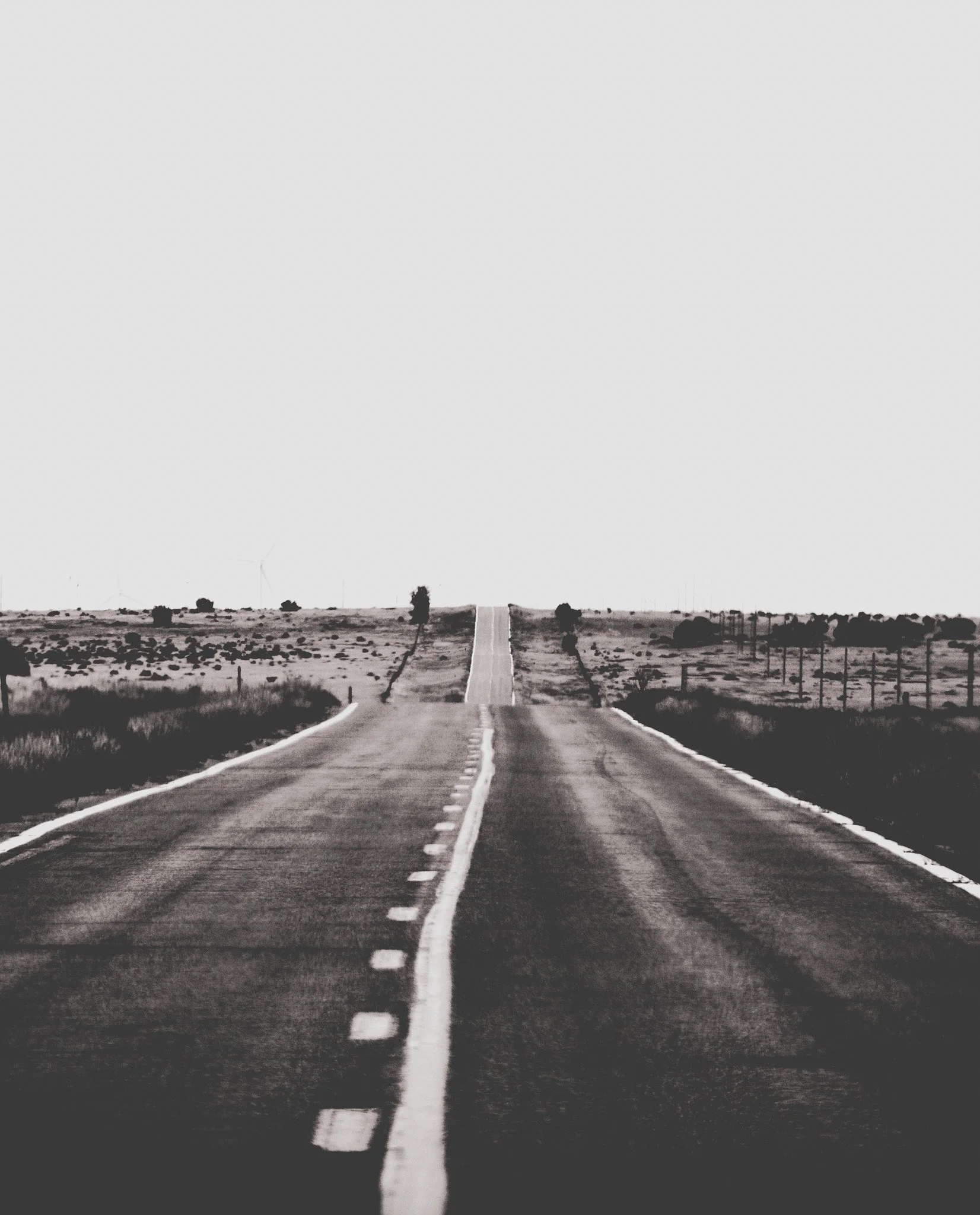 A straight rural road stretching into the distance with a slight uphill slope, flanked by fields and sparse trees, under a deadover gray sky.