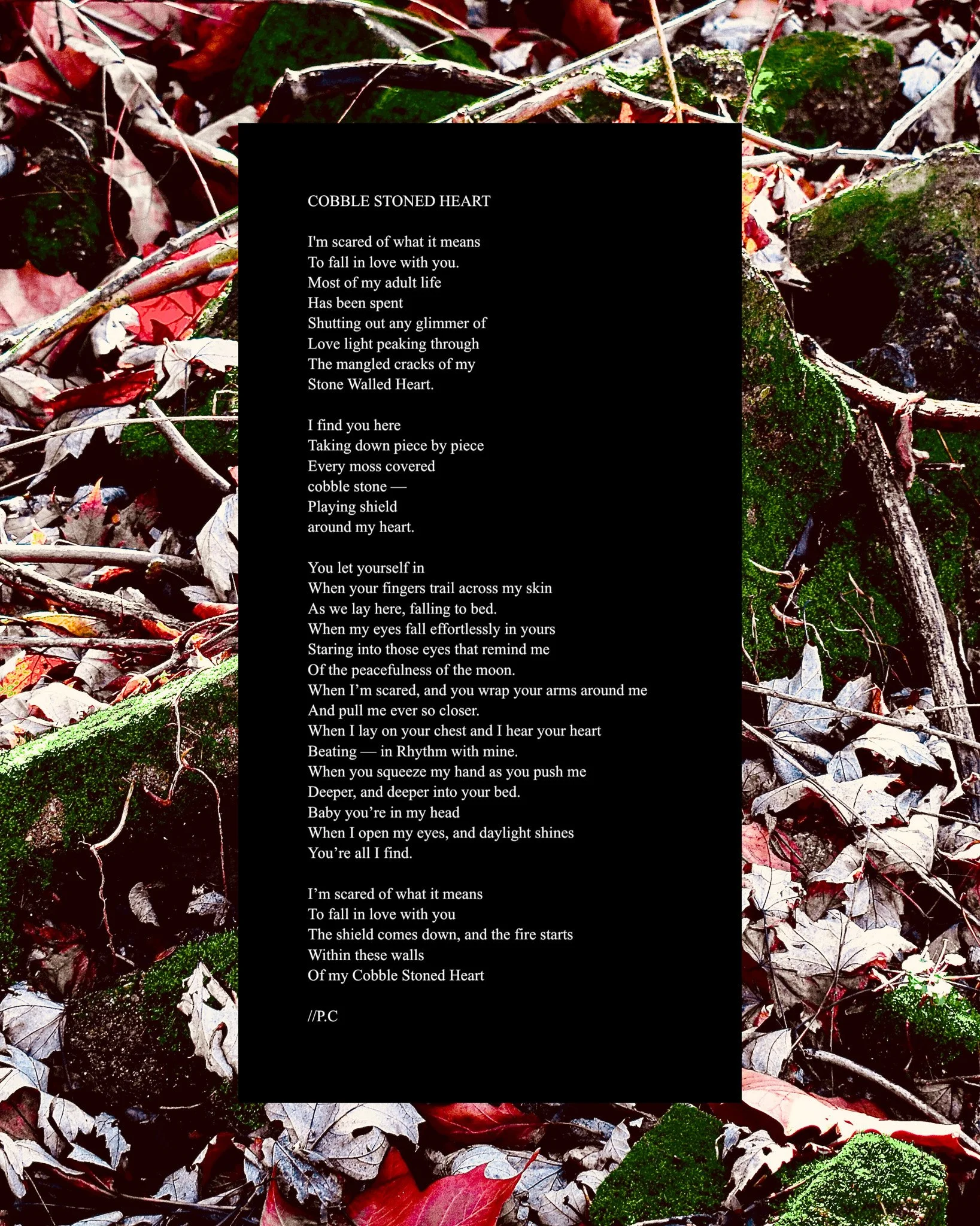 Poetry displayed on a black background over a bed of fallen autumn leaves, moss, and twigs.