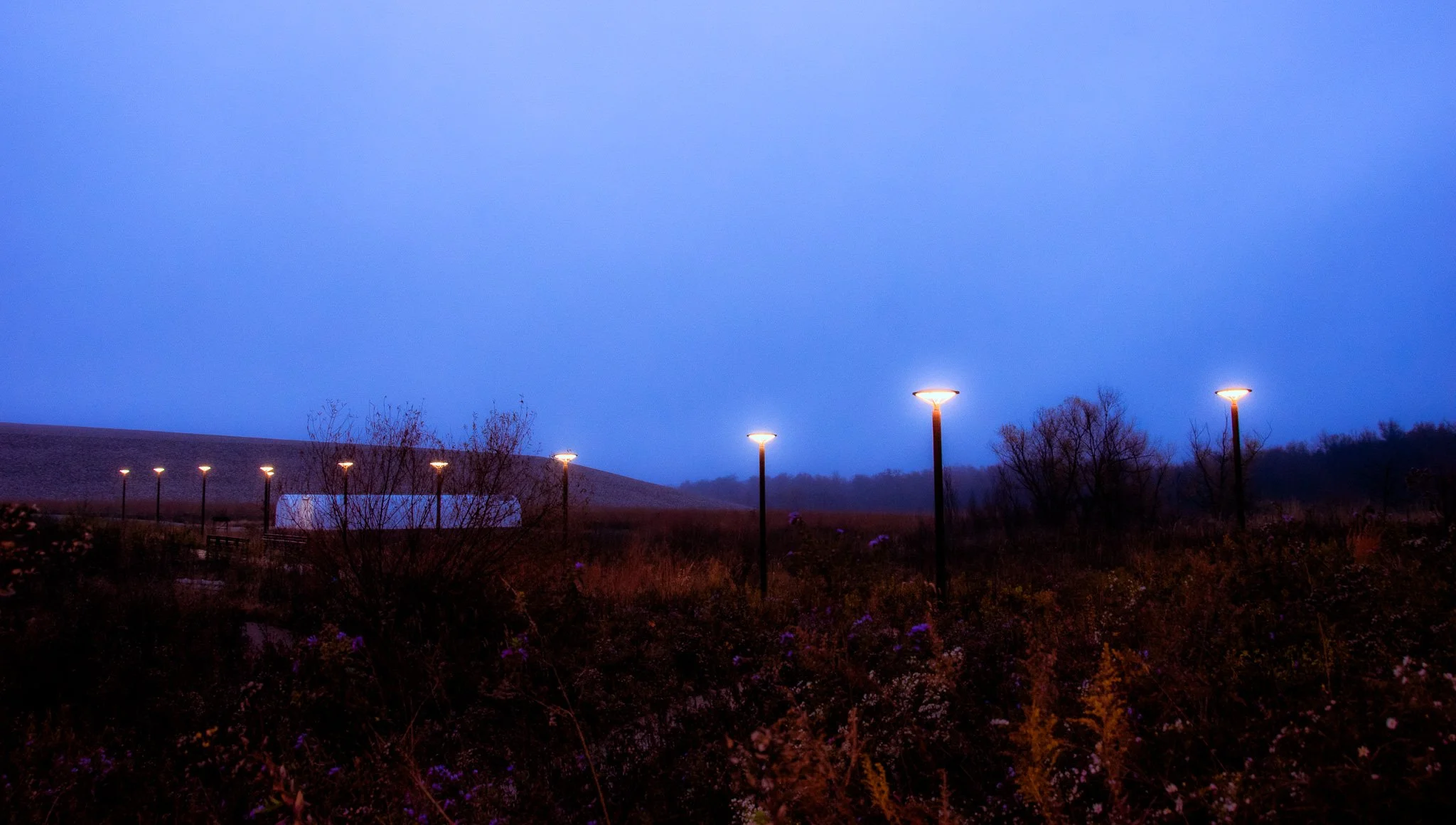 Nighttime scene of a row of street lights illuminating the landscape with trees and a hill in the background under a dark blue sky.