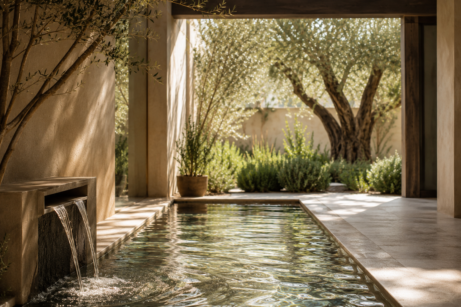 Peaceful outdoor courtyard featuring a tranquil water feature, natural landscaping, warm sunlight, and a mature olive tree, creating a calming environment for reflection and connection.