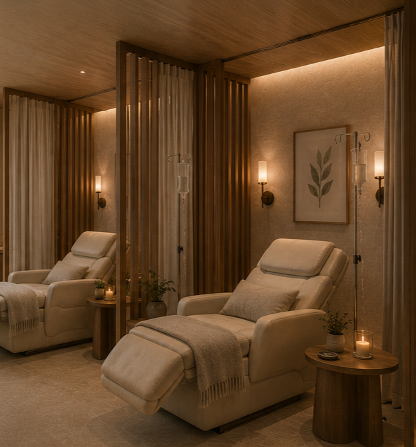 Relaxing wellness lounge at Canopy featuring comfortable recliners, soft lighting, calming décor, and a peaceful space for rest before or after wellness treatments..