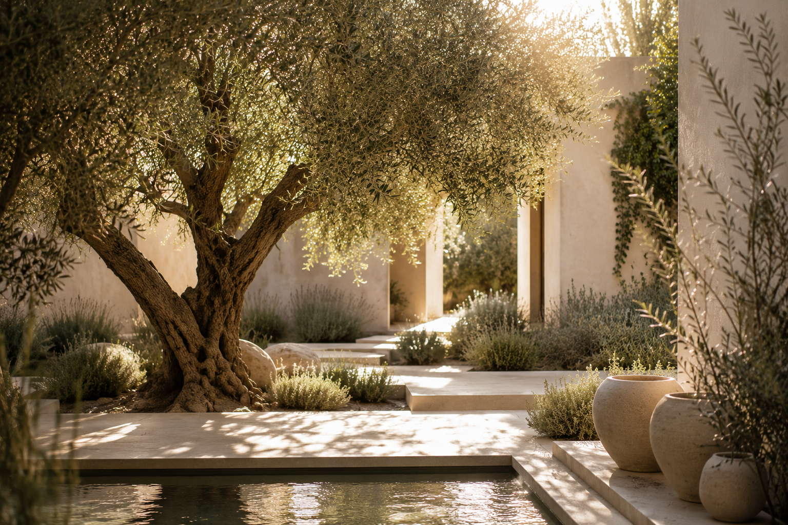 Serene courtyard featuring a mature olive tree, natural landscaping, tranquil water feature, and calming outdoor space designed for relaxation, connection, and holistic wellness.
