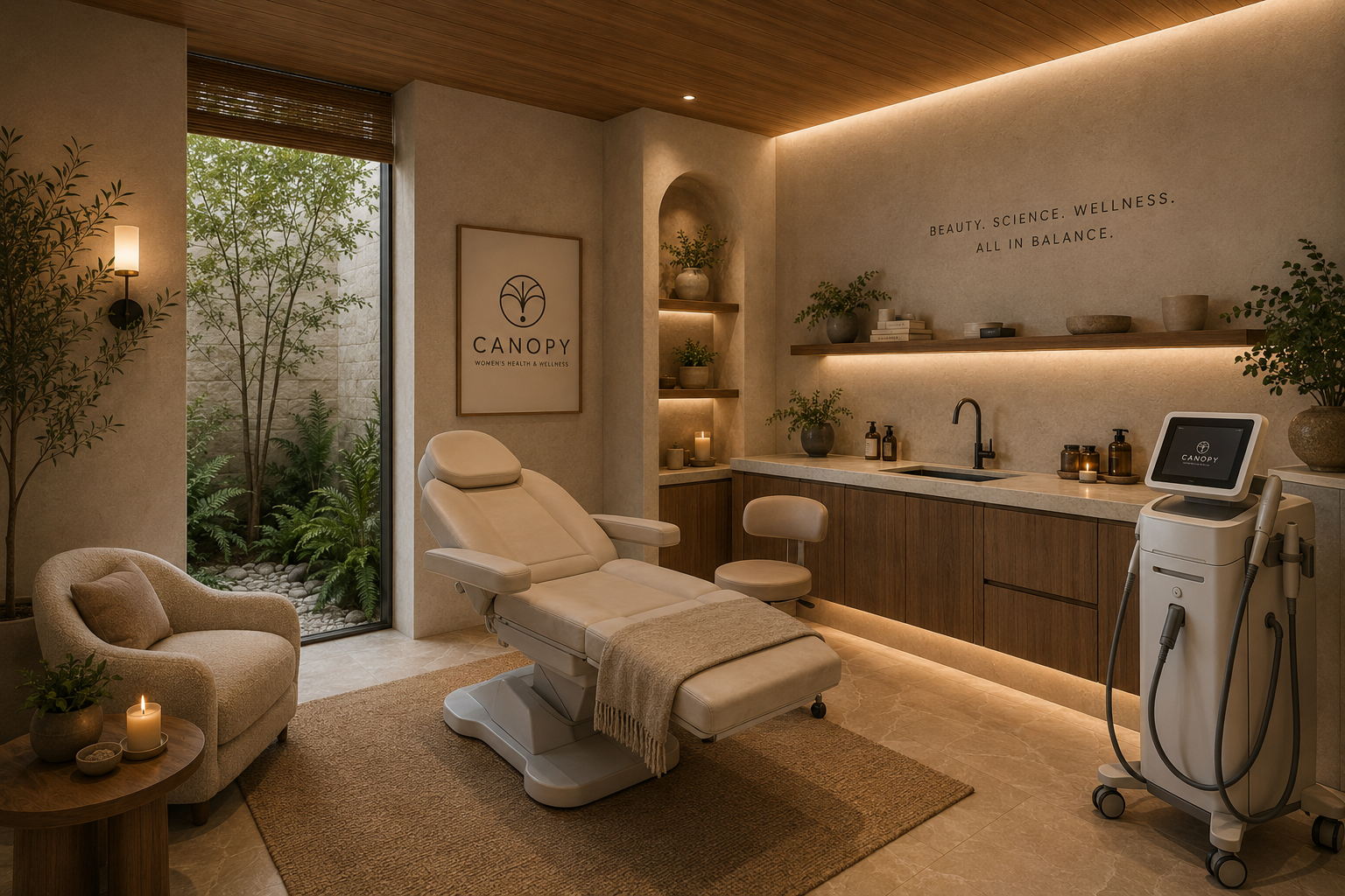 Modern treatment room at Canopy featuring calming natural materials, soft lighting, comfortable seating, and a welcoming environment for personalized women's healthcare and wellness services.