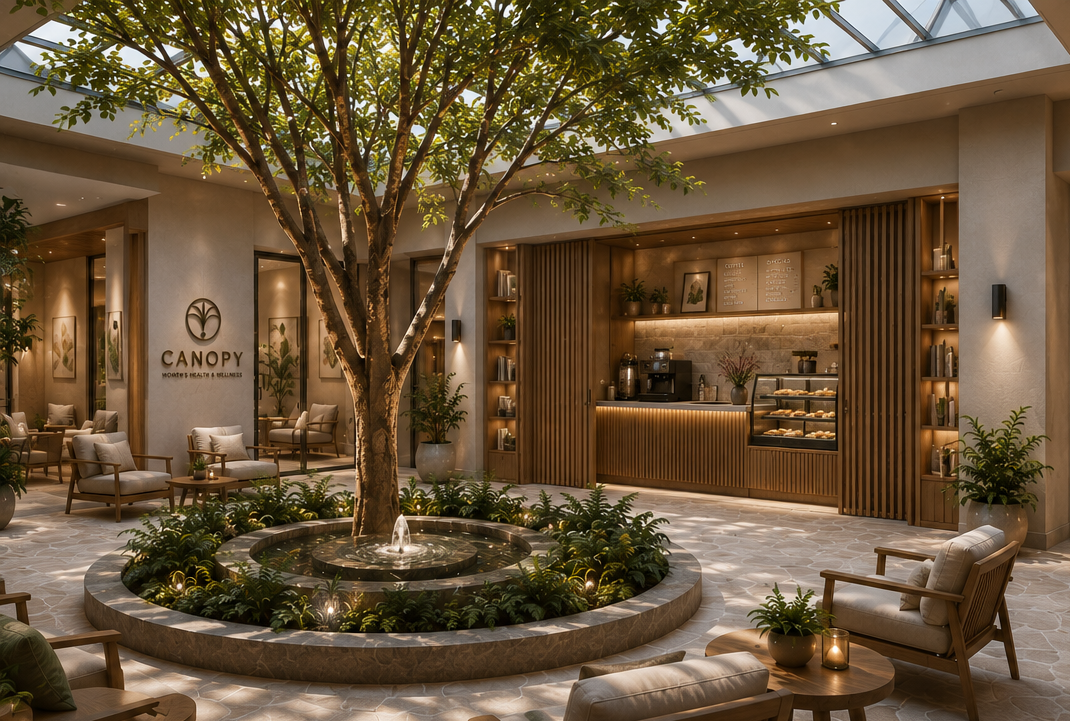 Modern café and community gathering space at Canopy featuring natural light, comfortable seating, a central olive tree, specialty coffee, and a welcoming environment for women's health and wellness.