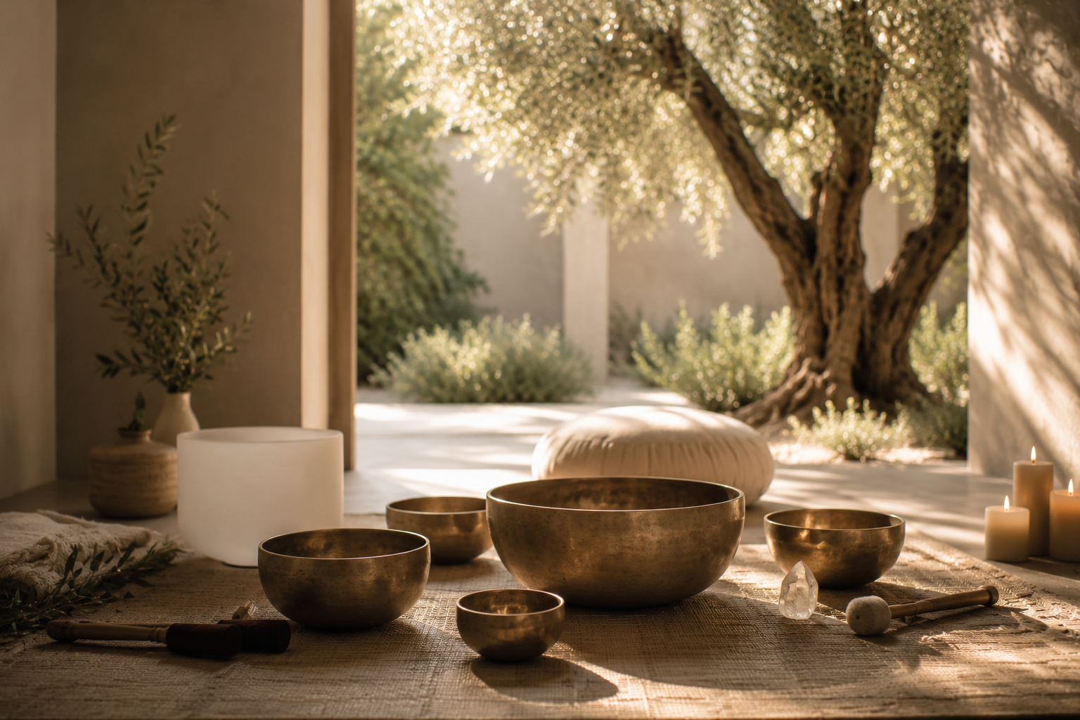 Peaceful meditation space featuring singing bowls, candles, natural light, and views of an olive tree, creating a calming environment for mindfulness, sound healing, and holistic wellness.