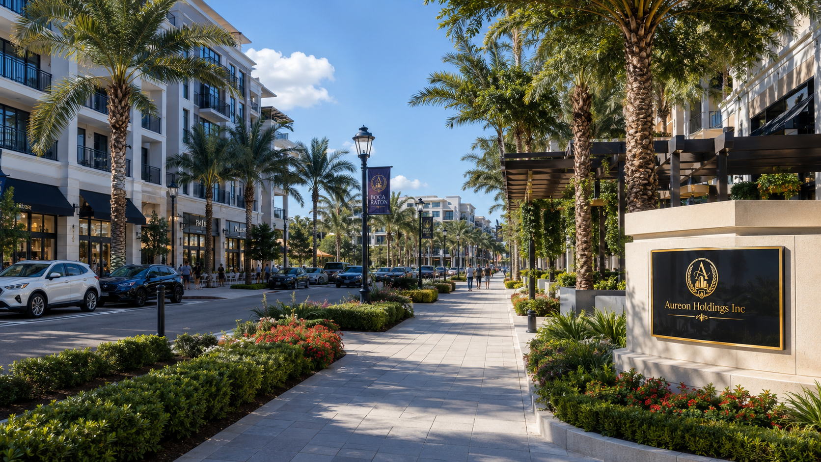 Stylish outdoor shopping and dining area lined with palm trees, shops, and parked cars in a modern upscale neighborhood.