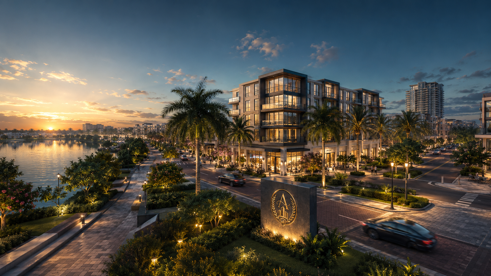Modern riverside apartment complex at sunset with palm trees, water, and a park area.