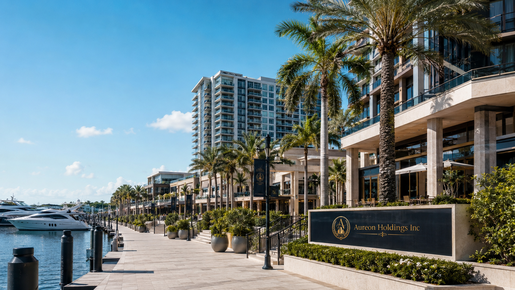 Luxury waterfront marina with yachts, palm trees, modern buildings, and a sign for Aureon Holdings Inc in a sunny, clear sky setting.