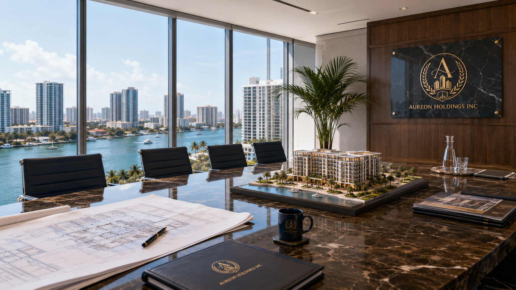 A conference room with a marble table, black chairs, and a cityscape view of high-rise buildings over a river through large windows. There is a model of a building development, blueprints, and office materials on the table, with a large wooden wall displaying a logo for Aureon Holdings Inc., a large green plant, and a pitcher with glasses.