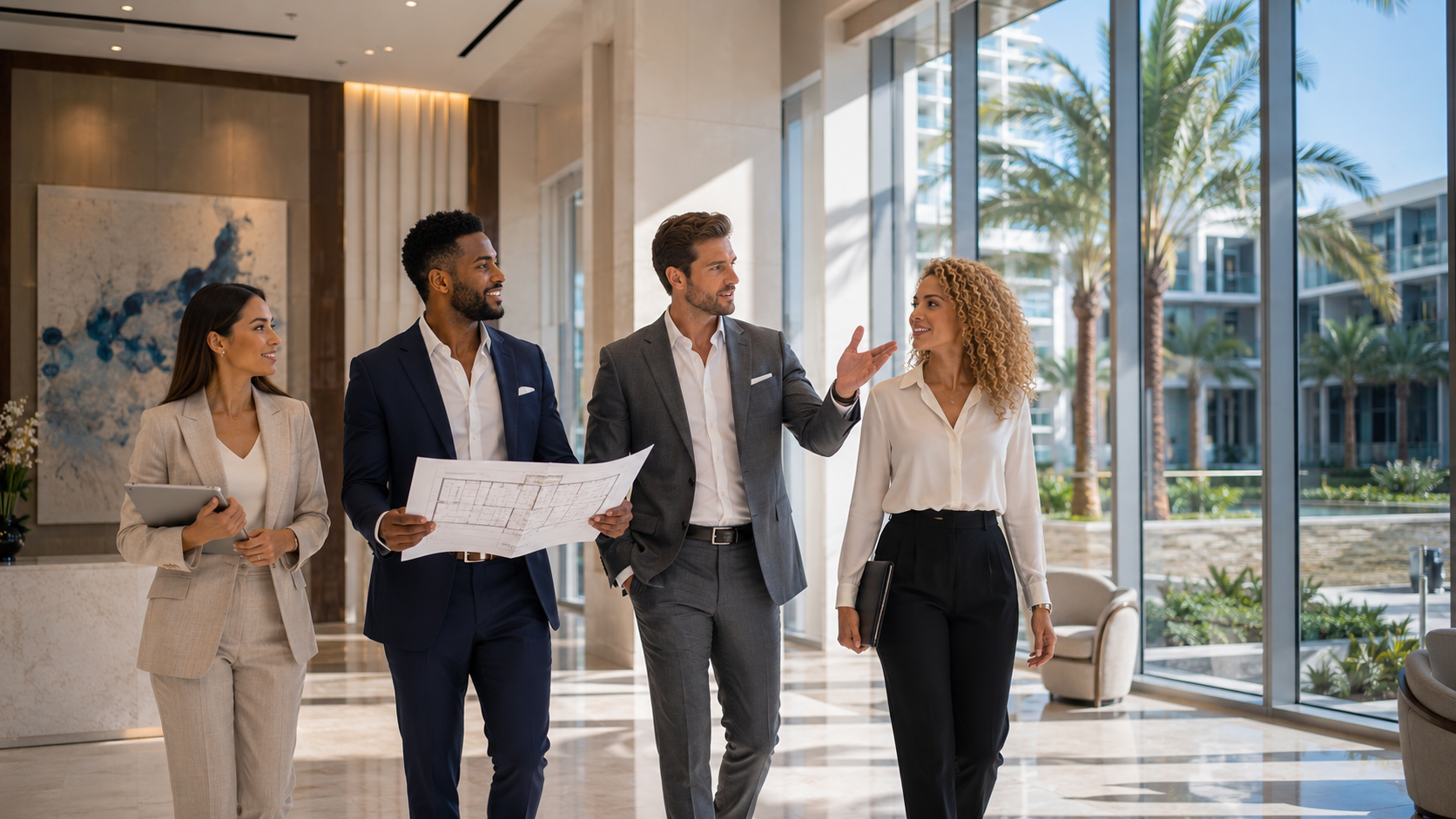 Four professionals walking and discussing in a modern office lobby with large windows and palm trees outside.