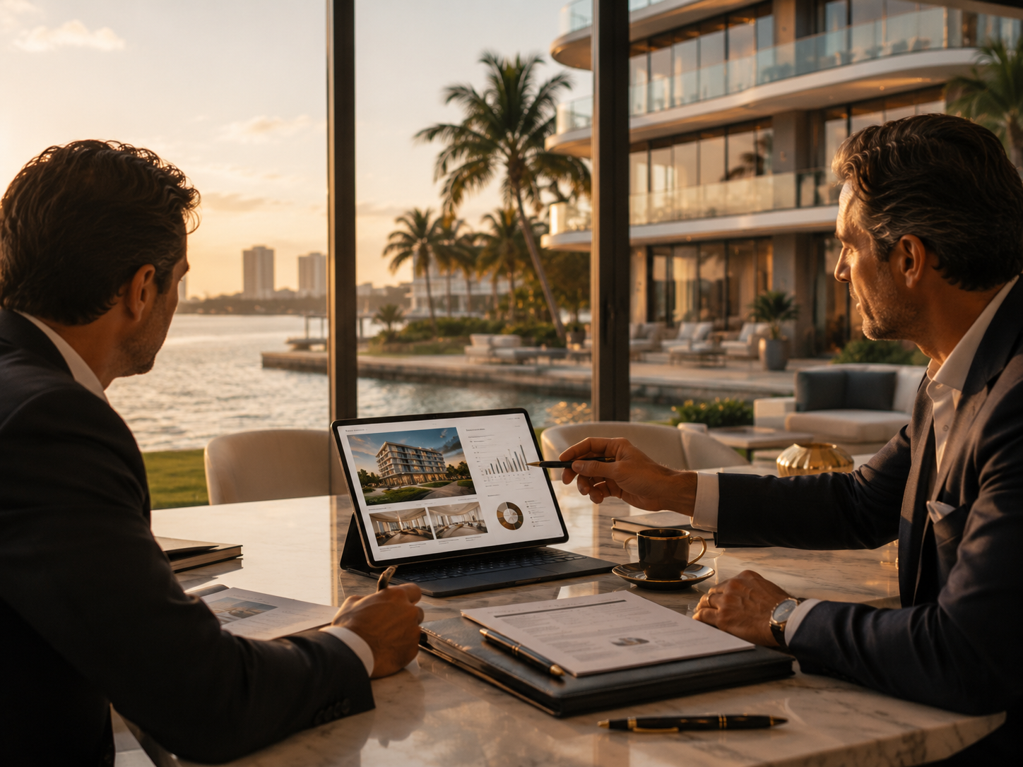 Two men in suits sit at a marble table in a modern office overlooking a waterfront with high-rise buildings and a sunset sky, engaged in a business meeting with a tablet displaying real estate images.