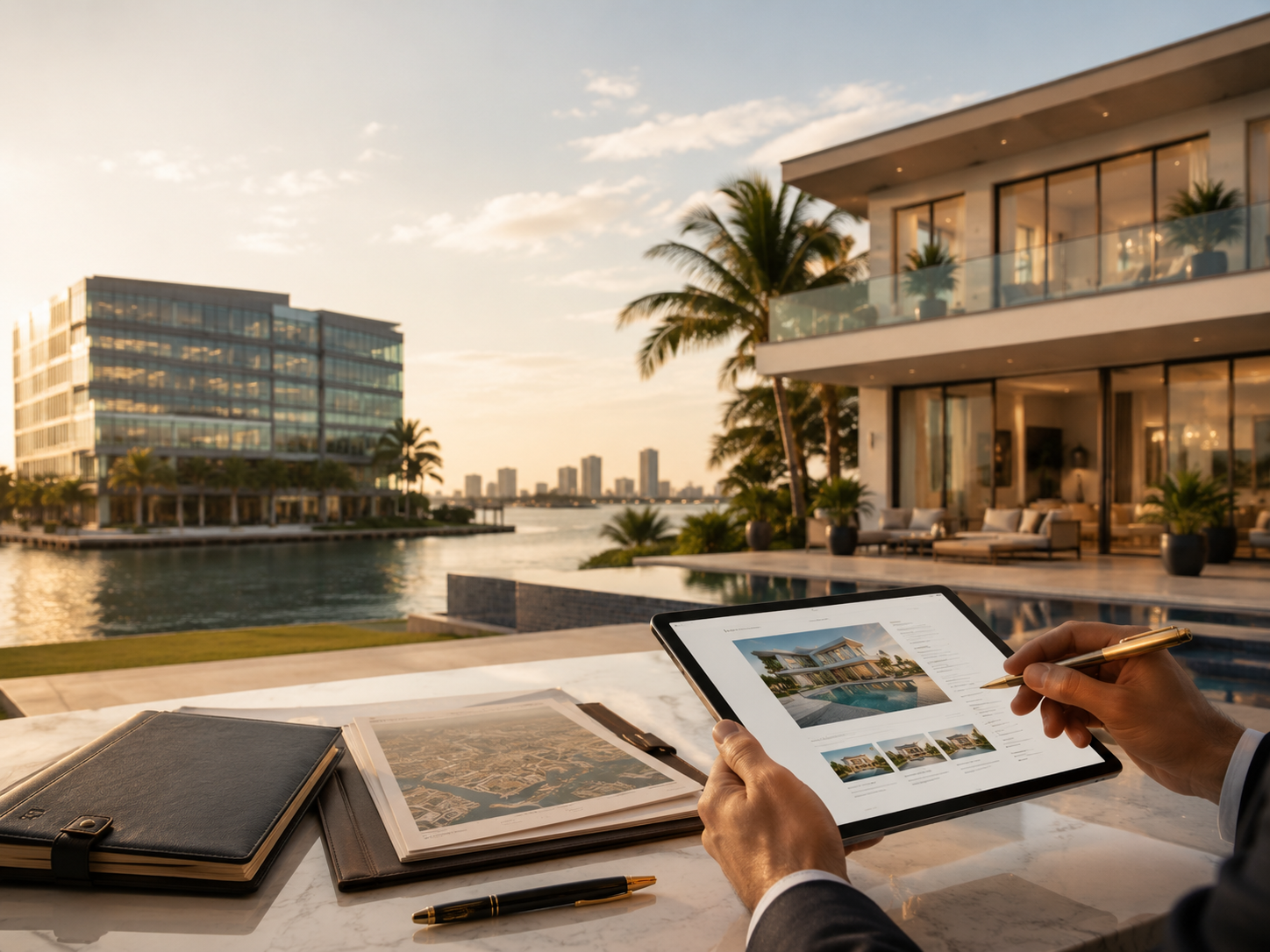 Person reviewing a property listing on a tablet outdoors at a luxurious waterfront property with modern house, palm trees, and skyscrapers in the background during sunset.