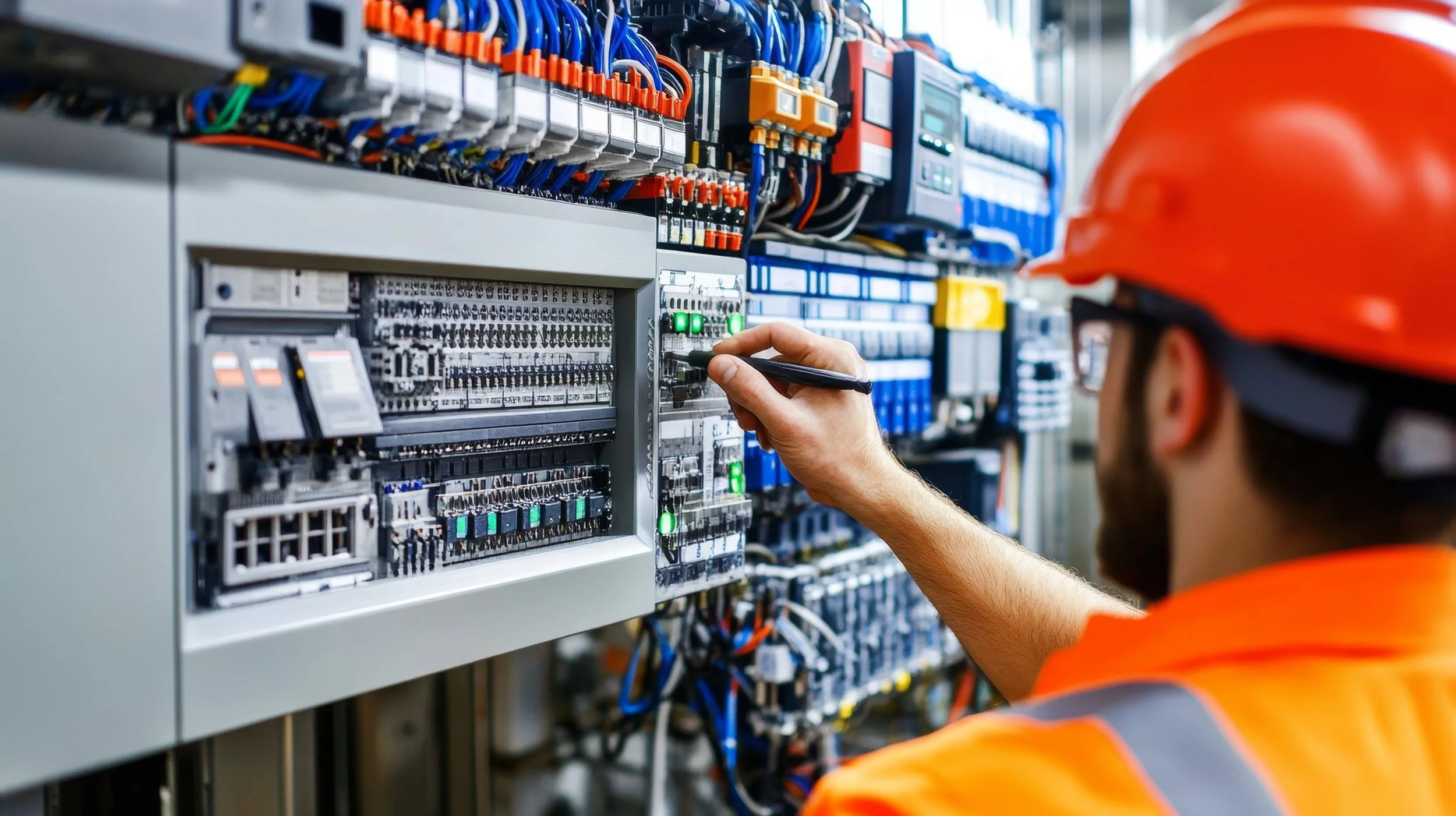 A technician wearing an orange safety helmet and orange safety vest works on an electrical control panel with numerous wires, switches, and circuit boards inside an industrial or utility setting.