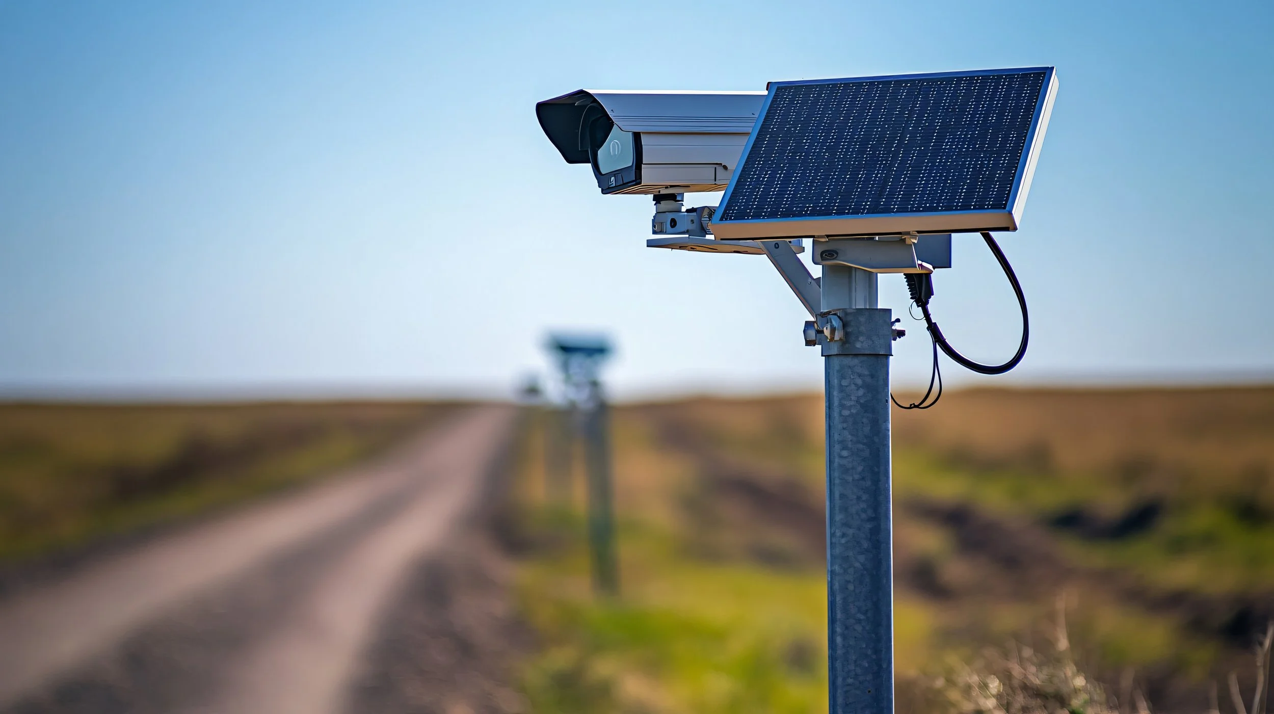 A row of solar-powered security cameras mounted on posts in an outdoor field.