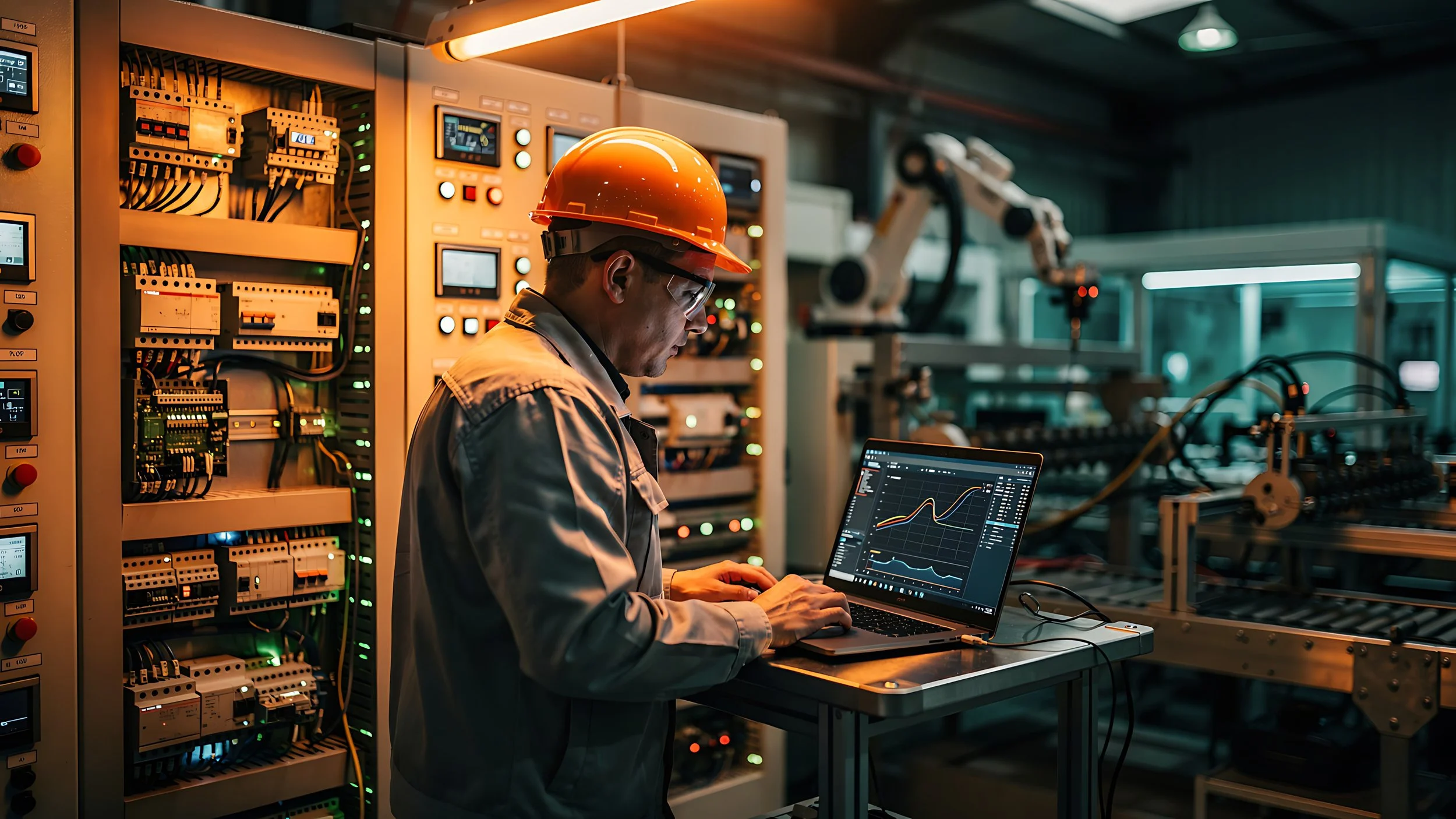 A technician working on a laptop with graphs in an industrial or laboratory setting, surrounded by control panels, electronic equipment, and robotic arms.