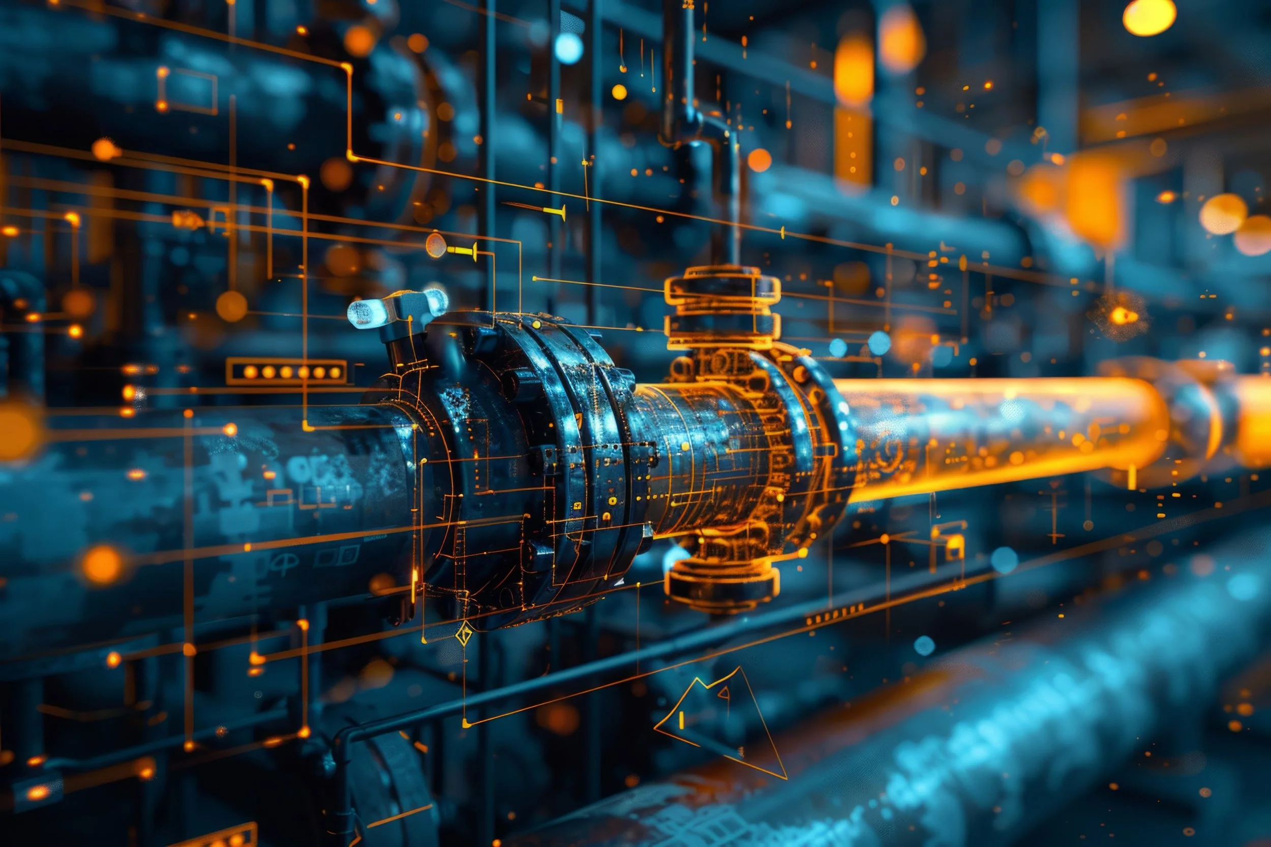 Futuristic digital schematic of a pipeline with glowing orange and blue holographic overlay, showing technical details and data points.