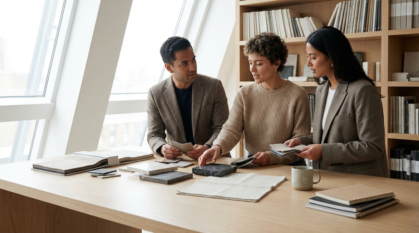 Three people in a modern office space discussing various fabric and material samples on a table.
