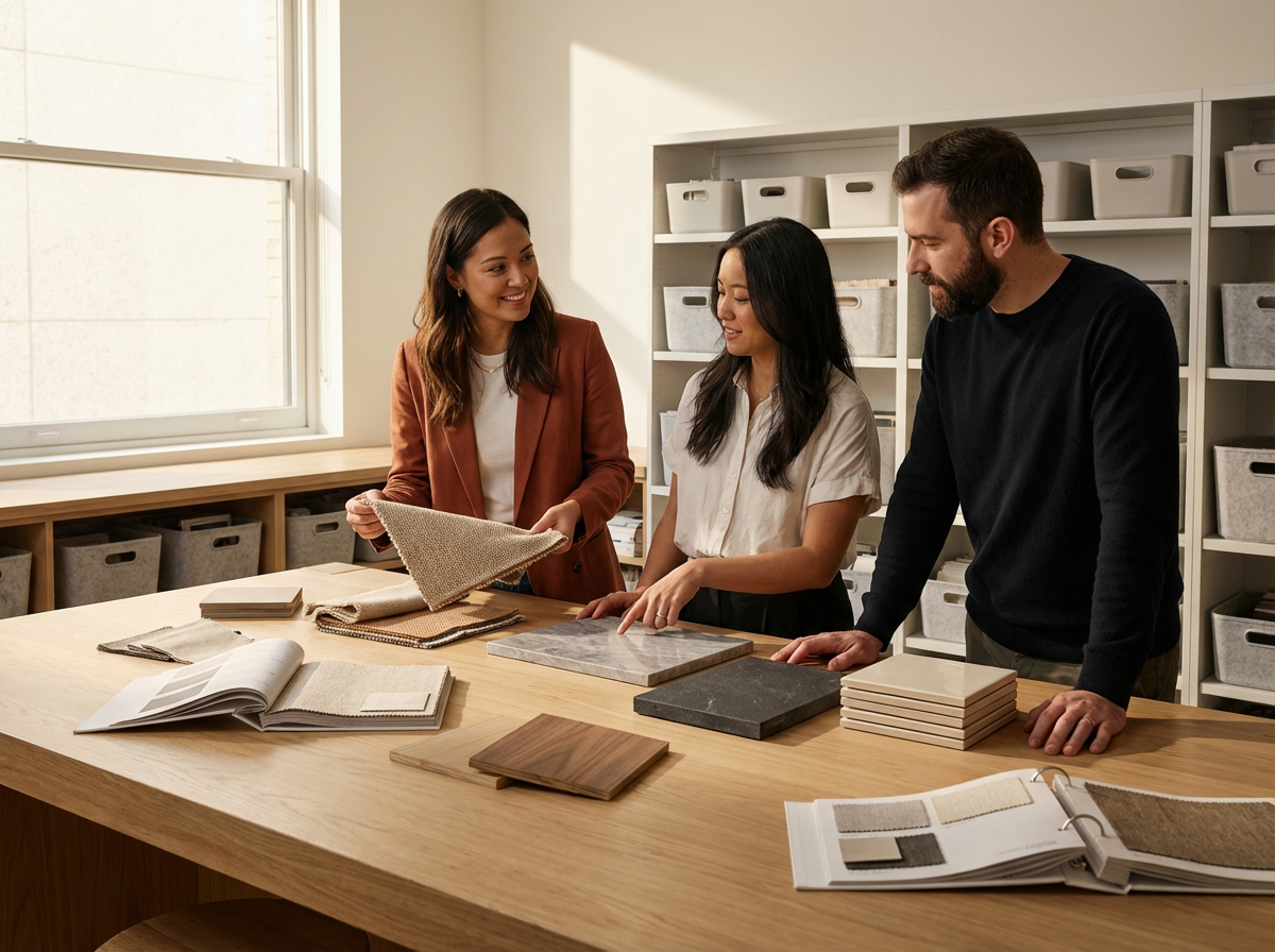 Three people discussing fabric and tile samples in a well-lit room with shelves of storage bins.