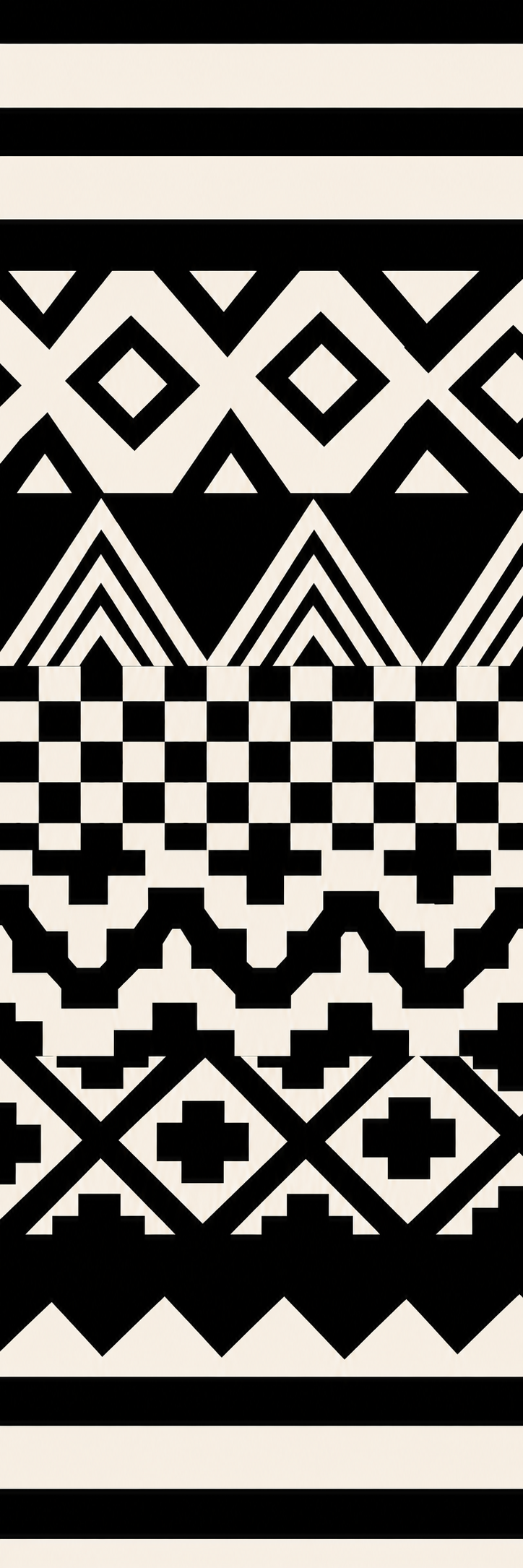 Black and white geometric patterns with horizontal stripes, diamond shapes, triangles, and checkerboard designs.