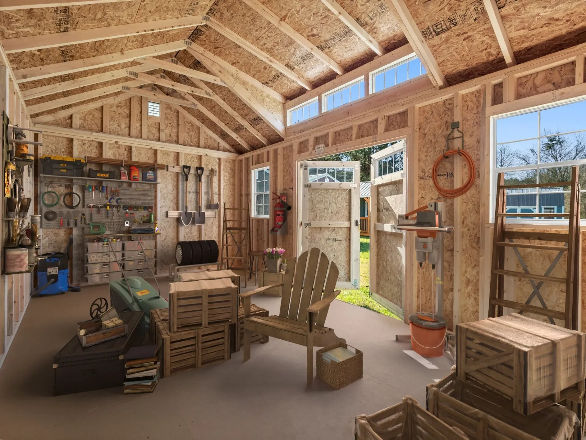 Interior of a wooden shed under construction, showing exposed plywood walls and ceiling, various tools hanging on a pegboard, a set of black tires on the floor, assorted wooden furniture and storage crates, and a large window and door opening to the outside.