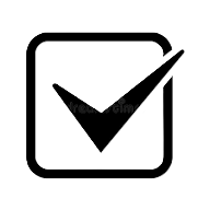 A black checkmark inside a white square outline.