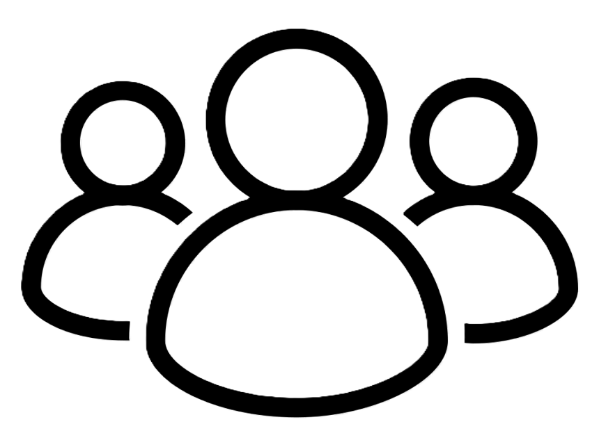 Outline icon of a group of three people with one person in the foreground and two in the background.