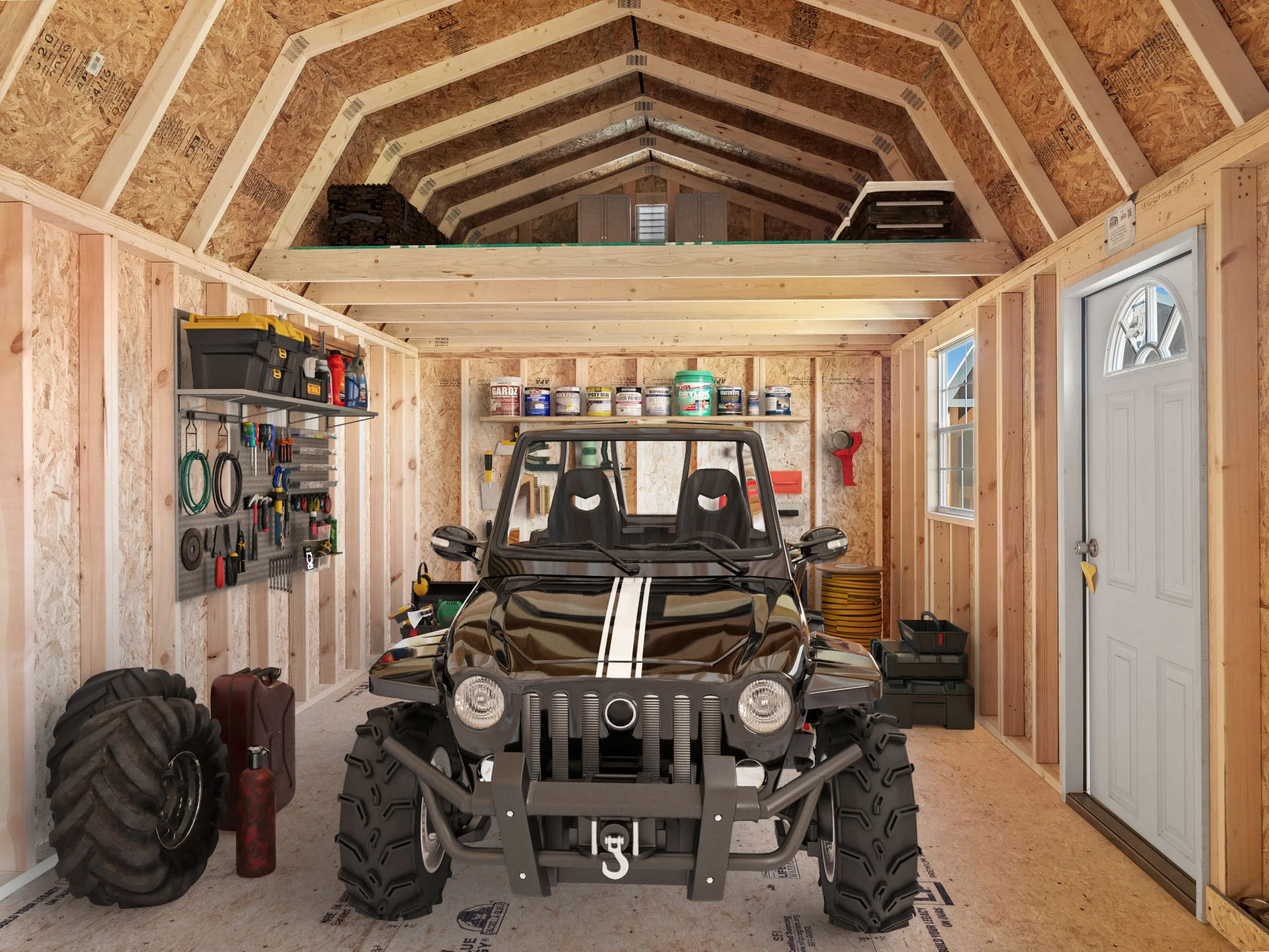 An unfinished garage with a small black car, tools, and supplies. Tree tires are on the left and shelves of paint and containers are on the back wall. the garage has exposed wood framing and a vaulted ceiling.