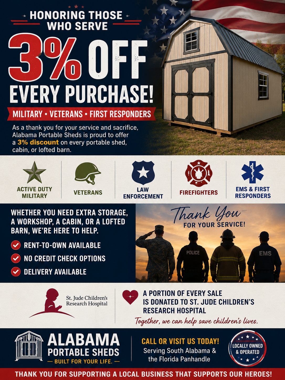 A promotional flyer for Alabama Portable Sheds offering 3% discount to military, veterans, first responders, law enforcement, firefighters, and EMS. The flyer features an image of a wooden portable shed, icons representing various service groups, a photo of uniformed personnel saluting at sunset, and logos of the business and St. Jude Children's Research Hospital.
