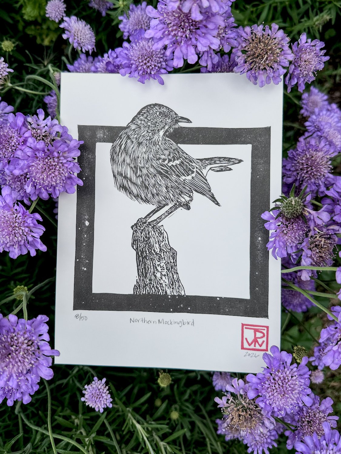 'Northern Mockingbird' Block Print