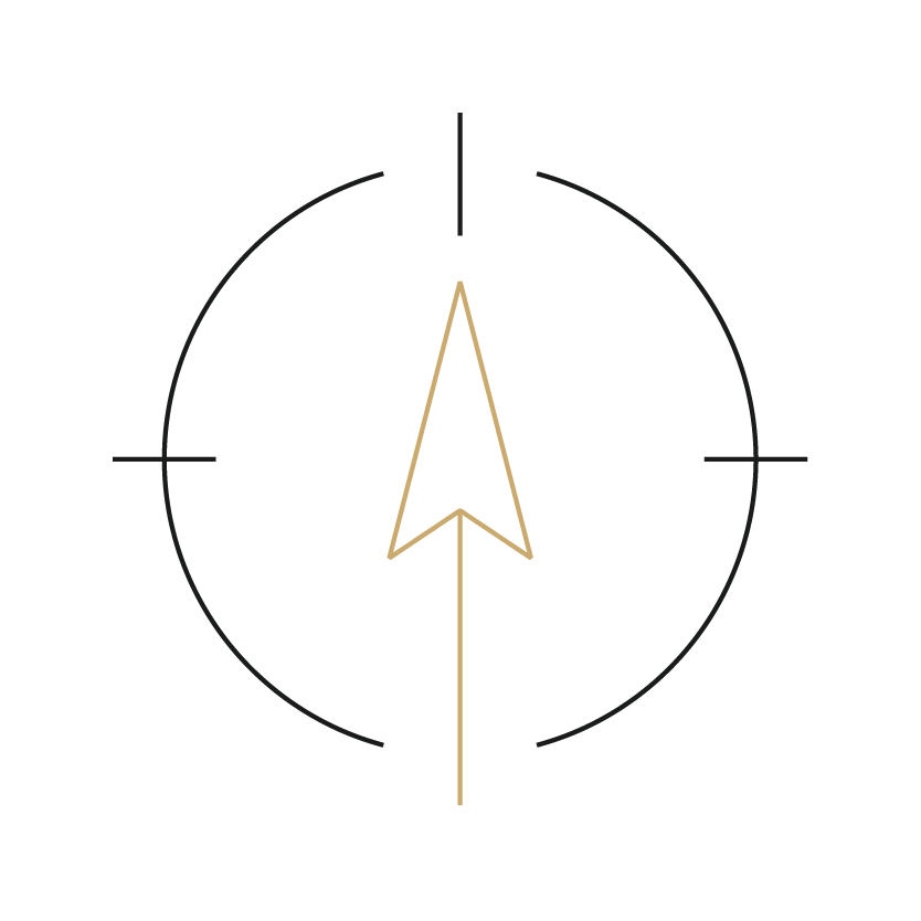North arrow compass icon with a black background and minimalistic design.