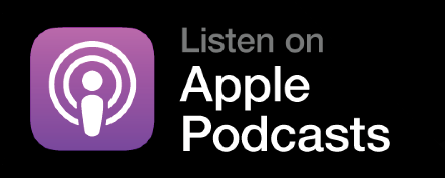 Apple Podcasts logo with purple icon and white podcast symbol, alongside text 'Listen on Apple Podcasts' on black background.