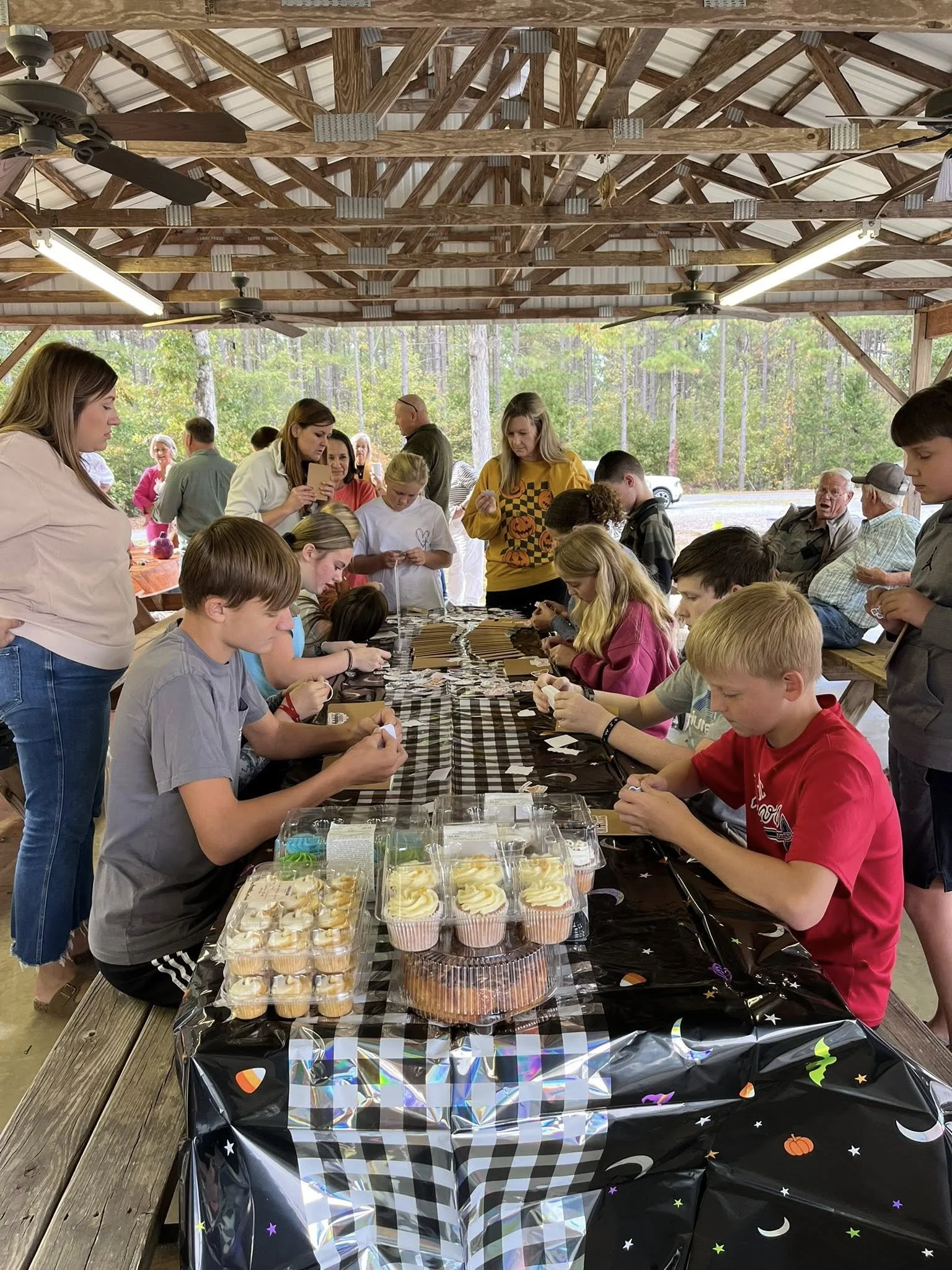 People sitting and standing around a long table with cupcakes and snacks under a wooden pavilion with a metal roof and ceiling fans, in an outdoor wooded area.