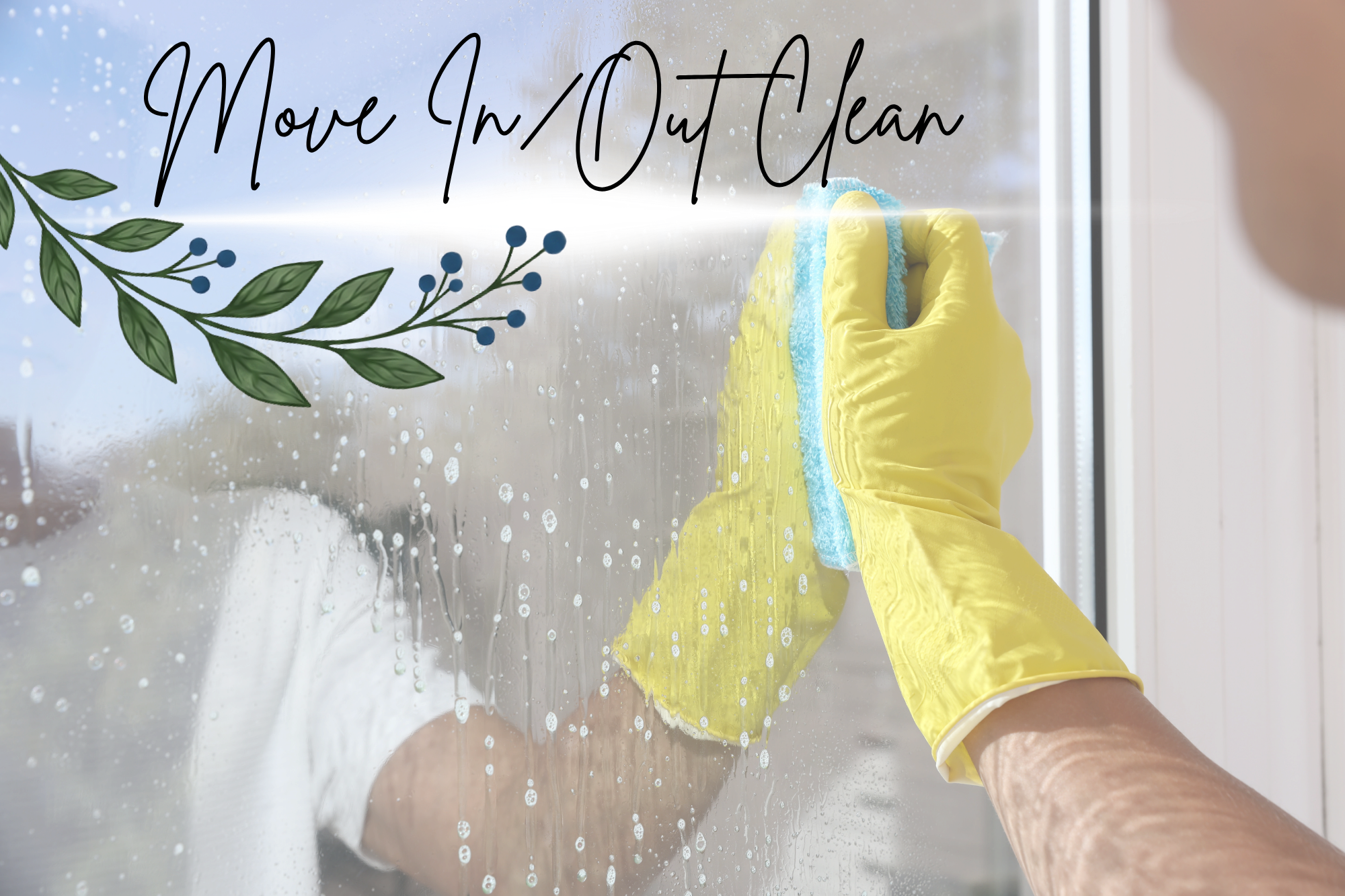 A window with a clear sudsy cleaning product dripping down a window as a yellow gloved hand holding a sponge is about to wipe it away. All that is visible of the person is the arm and the reflection of a white t-shirt