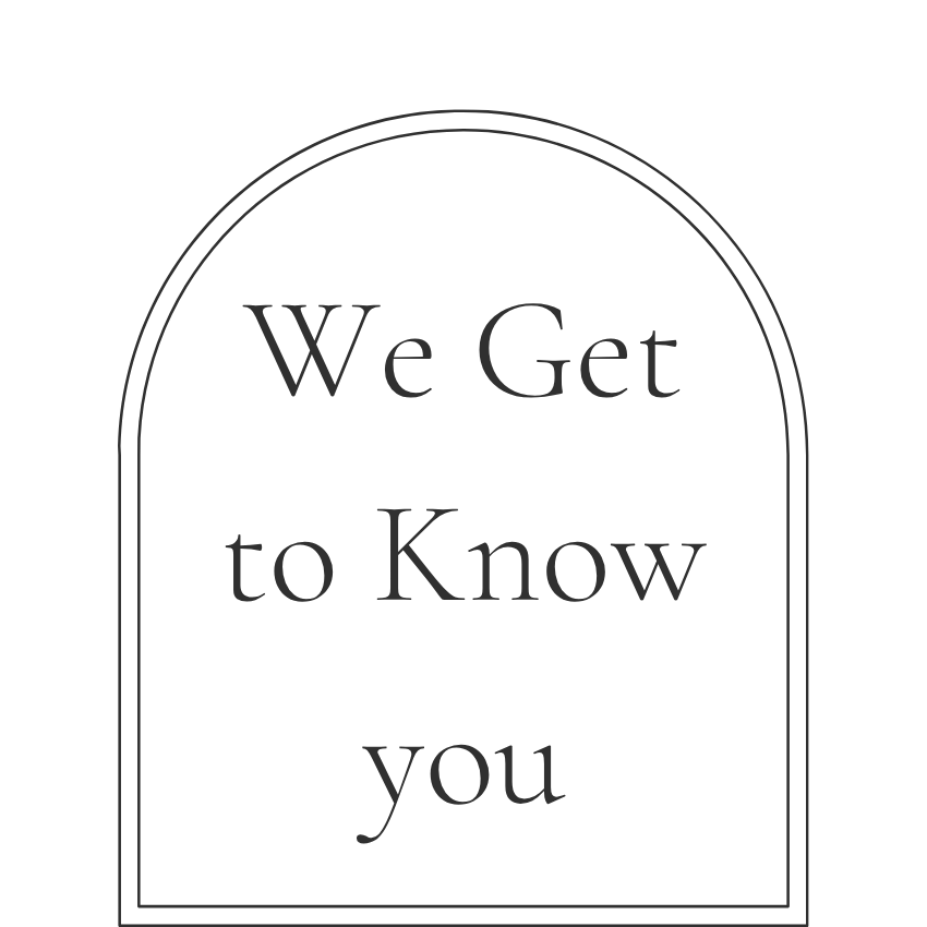 Black sign with rounded top border that reads 'We Get to Know you' in gray text.