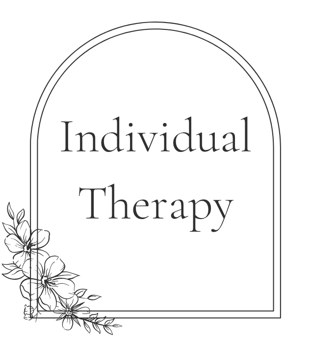 Black and white graphic with the words "Individual Therapy" inside an arch, decorated with floral illustrations on the bottom left corner.