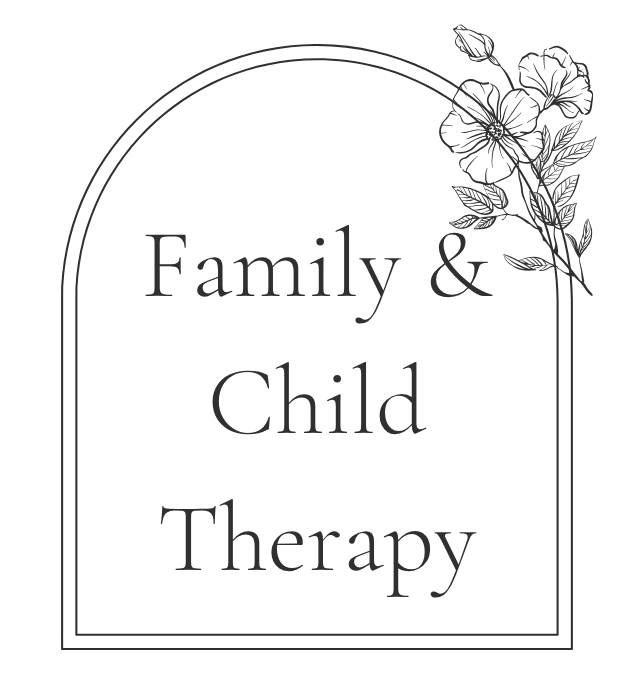 Text reading 'Family & Child Therapy' inside a decorative arch with floral design in the upper right corner.