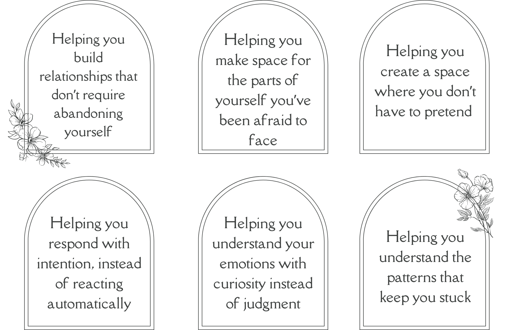 Inspirational quote with floral decorations: "Helping you build relationships that don’t require abandoning yourself," "Helping you make space for the parts of yourself you’ve been afraid to face," and "Helping you create a space where you don’t have to pretend."
